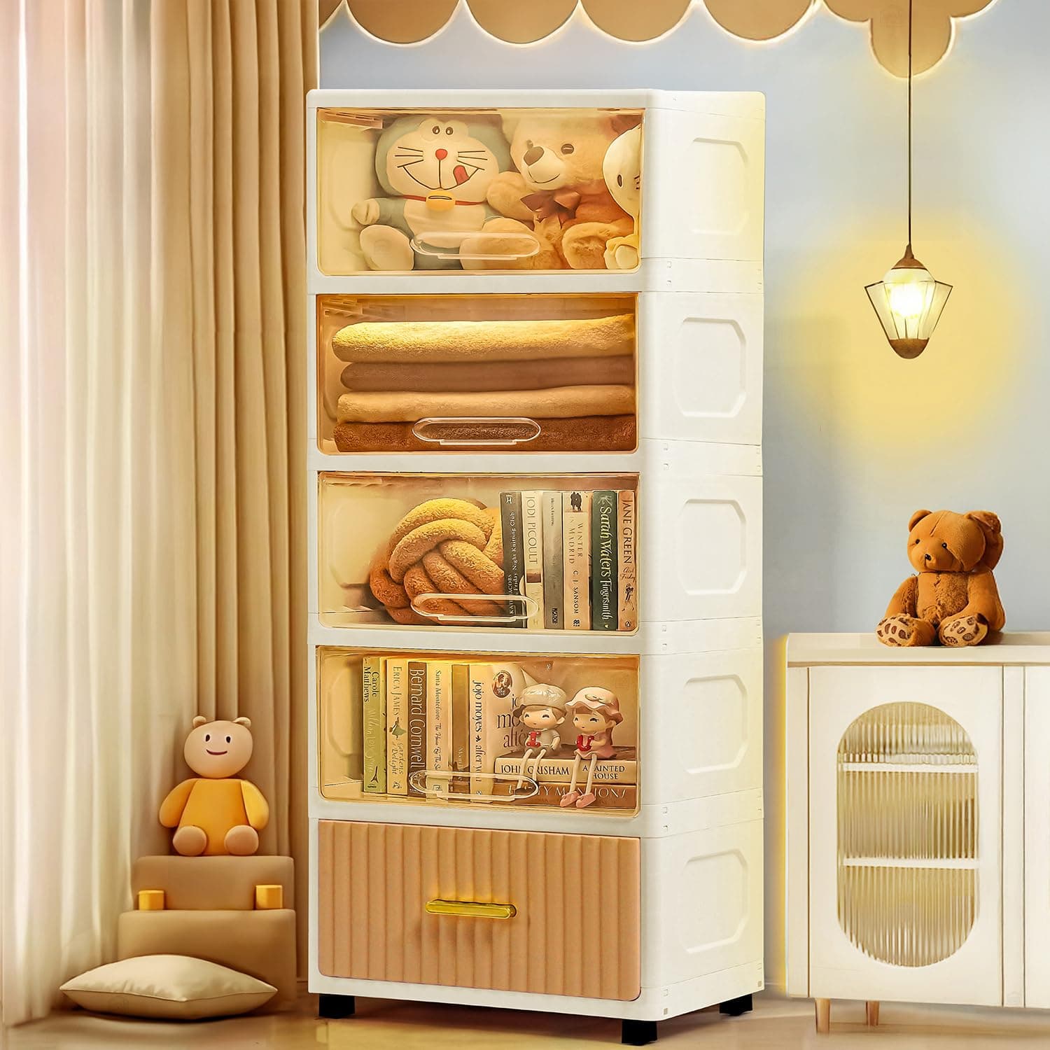 ABOUT SPACE Polypropylene Cabinet for Storage,5 Tier DIY Cupboard with Hidden Door,Drawer & Roller Wheels|Kids Wardrobe for Clothes Racks for Home,Office,Bedroom-L 49 x B 29.7 x H 138.5 cm,White