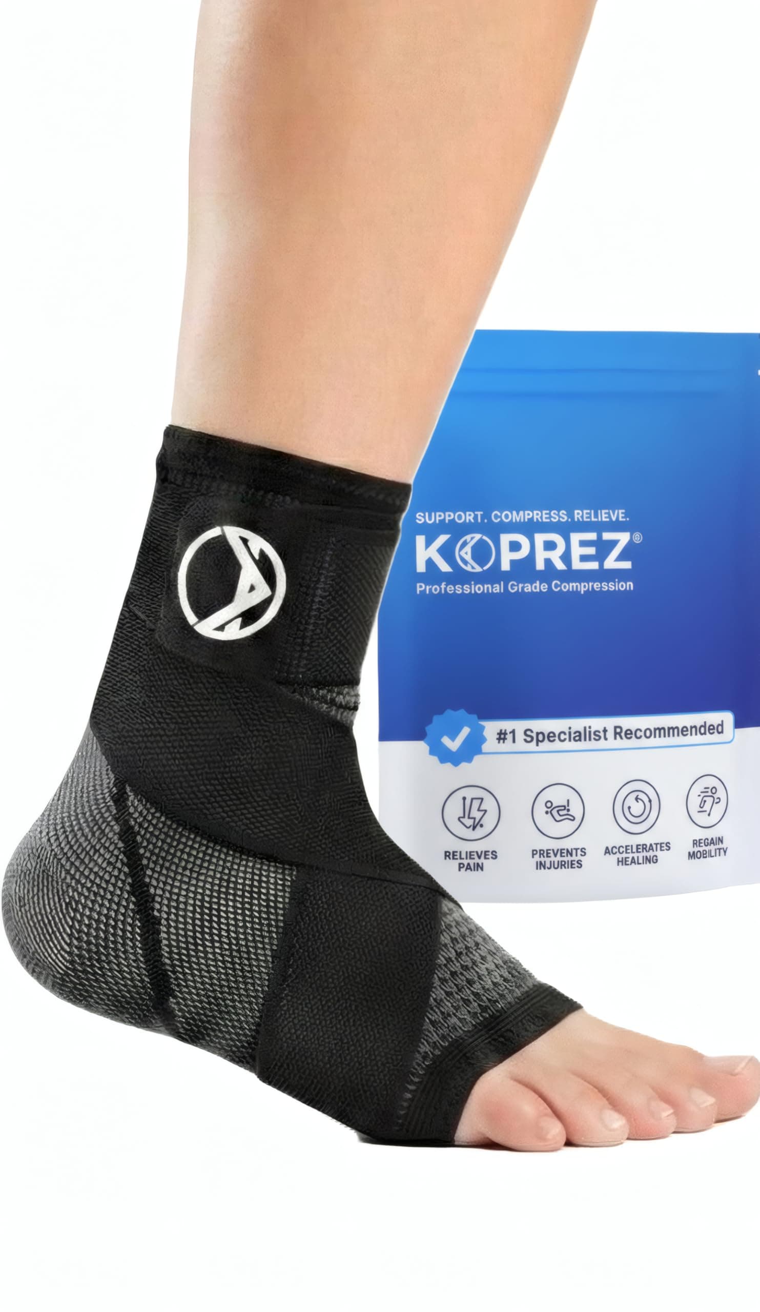 Koprez Unisex Ankle Compression Sleeve, Large, Black, Single