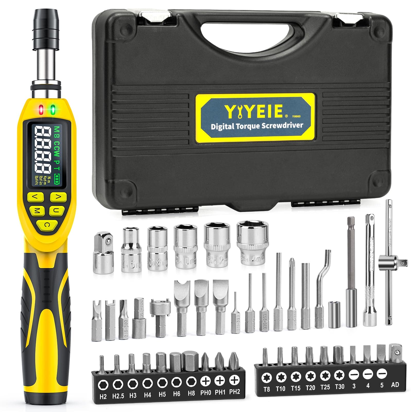 46-Pc Digital Torque Screwdriver, 3.5-70.8 In-lbs, ±1% Accuracy, 1/4 Inch Pound Torque Screwdriver, Buzzer & LED Alert, with S2 Bits & Tools for Bike Repair, Scope Mounting & Electronics
