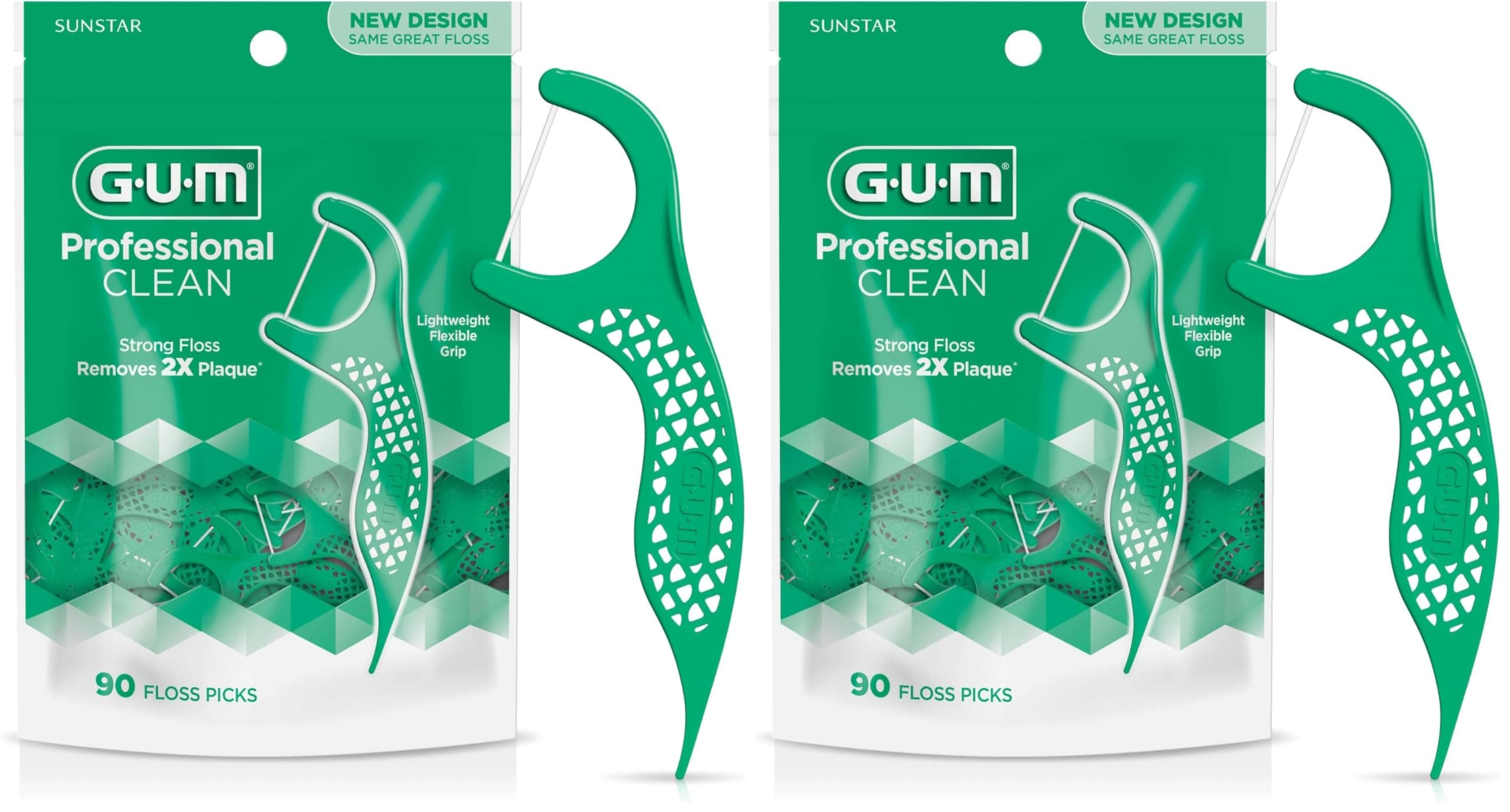 GUM Professional Clean Floss Picks - Extra Strong Shred-Resistant Floss, Easy Grip Handle - Dental Flossers for Adults - Fresh Mint Flavor, 90 Count (Pack of 2)