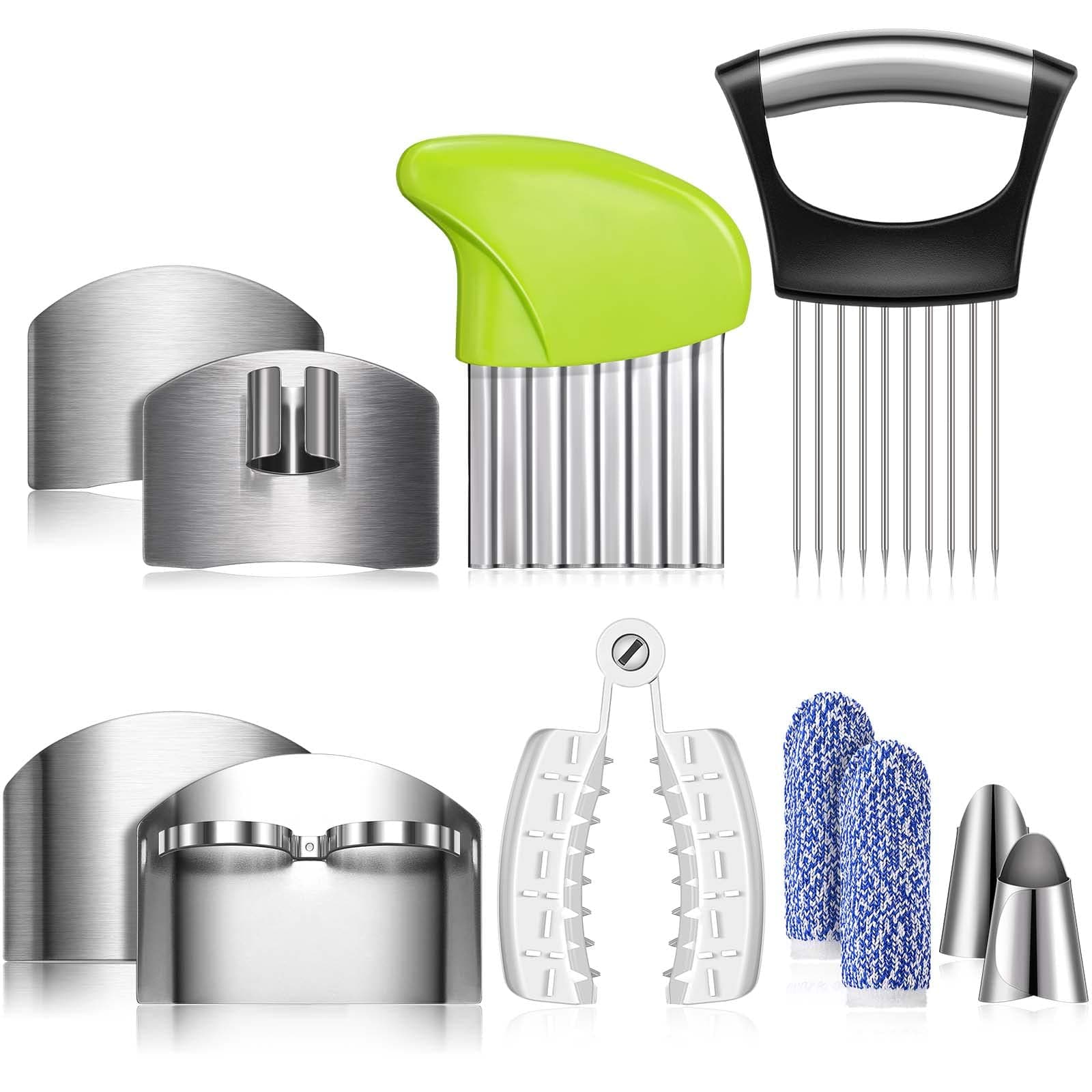 11 Pieces Finger Guard Set for Cutting Include 4 Stainless Steel Knife Cutting Protector 2 Thumb Guard Protector 2 Finger Cots Potato Butter Lettuce Crinkle Cutter Onion Holder Slicer Mandoline Slicer
