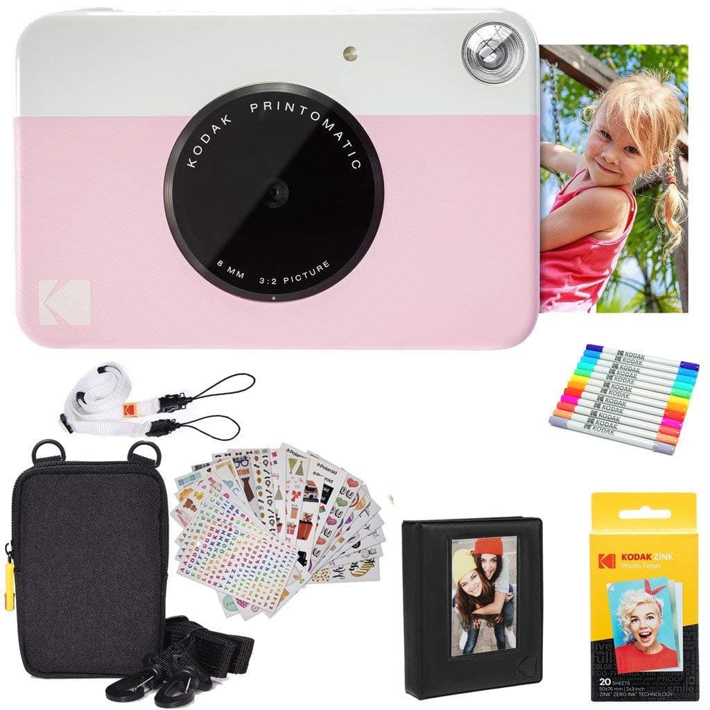 – Printomatic Instant Camera (Pink) Gift Bundle + Zink Paper (20 Sheets) + Case + 7 Sticker Sets + Markers + Photo Album