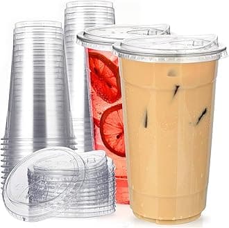 32 oz Clear Plastic Cups with Strawless-Sip-Lids, 25 Sets Disposable Cups Plastic Iced Coffee Cups, To Go Cup with Sip Through Lids for Smoothie, Milkshake, Cold Drinks for Party, Wedding, Event