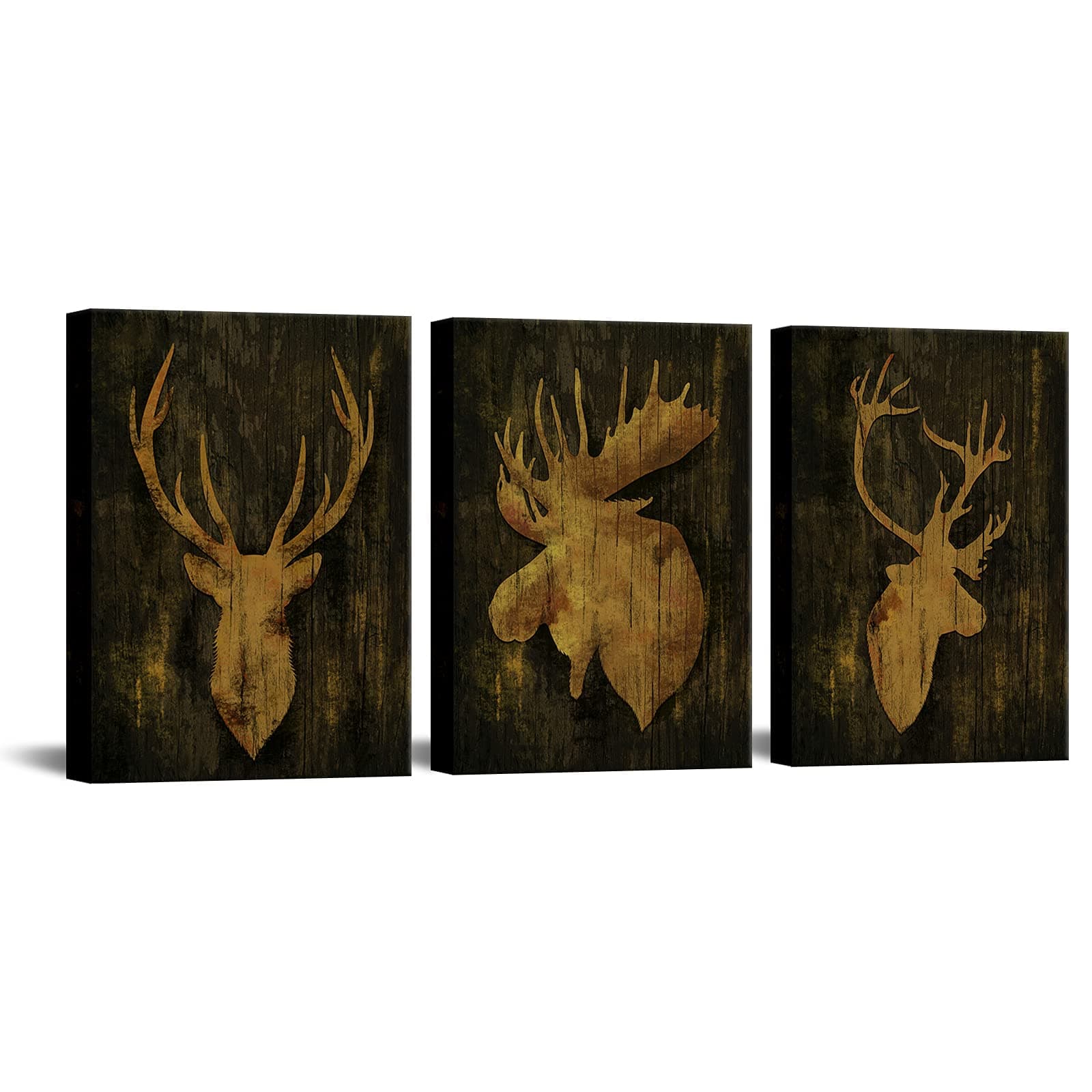SiMiWOW 3 Piece Moose Elk Wall Art Rustic Cabin Decor Animal Canvas Wall Art Farmhouse Decor Picture Framed Ready to Hang 12"x16"x3 Piece