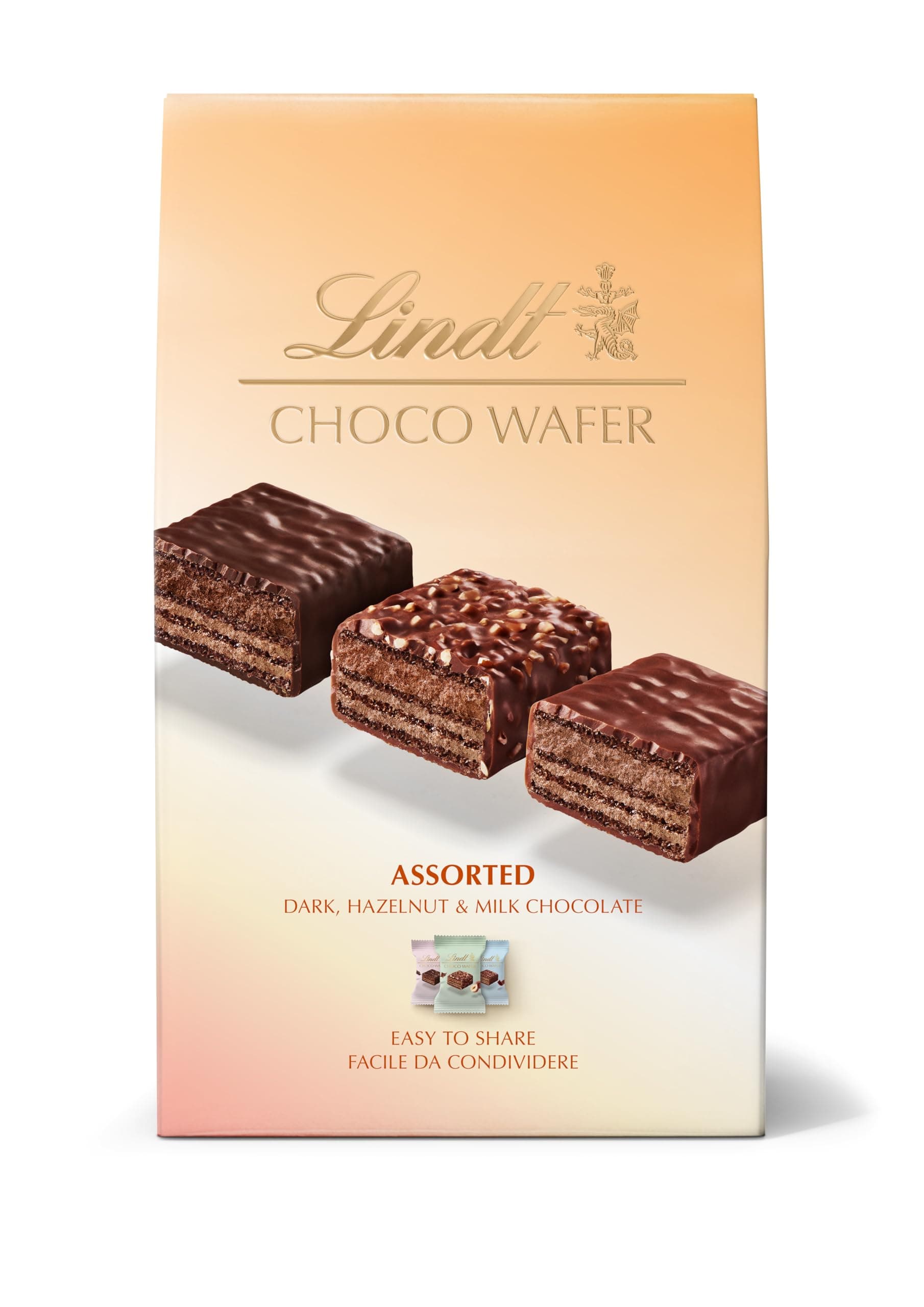 Lindt Choco Wafer Assorted Dark, Hazelnut & Milk Chocolate Bag, 138 grams