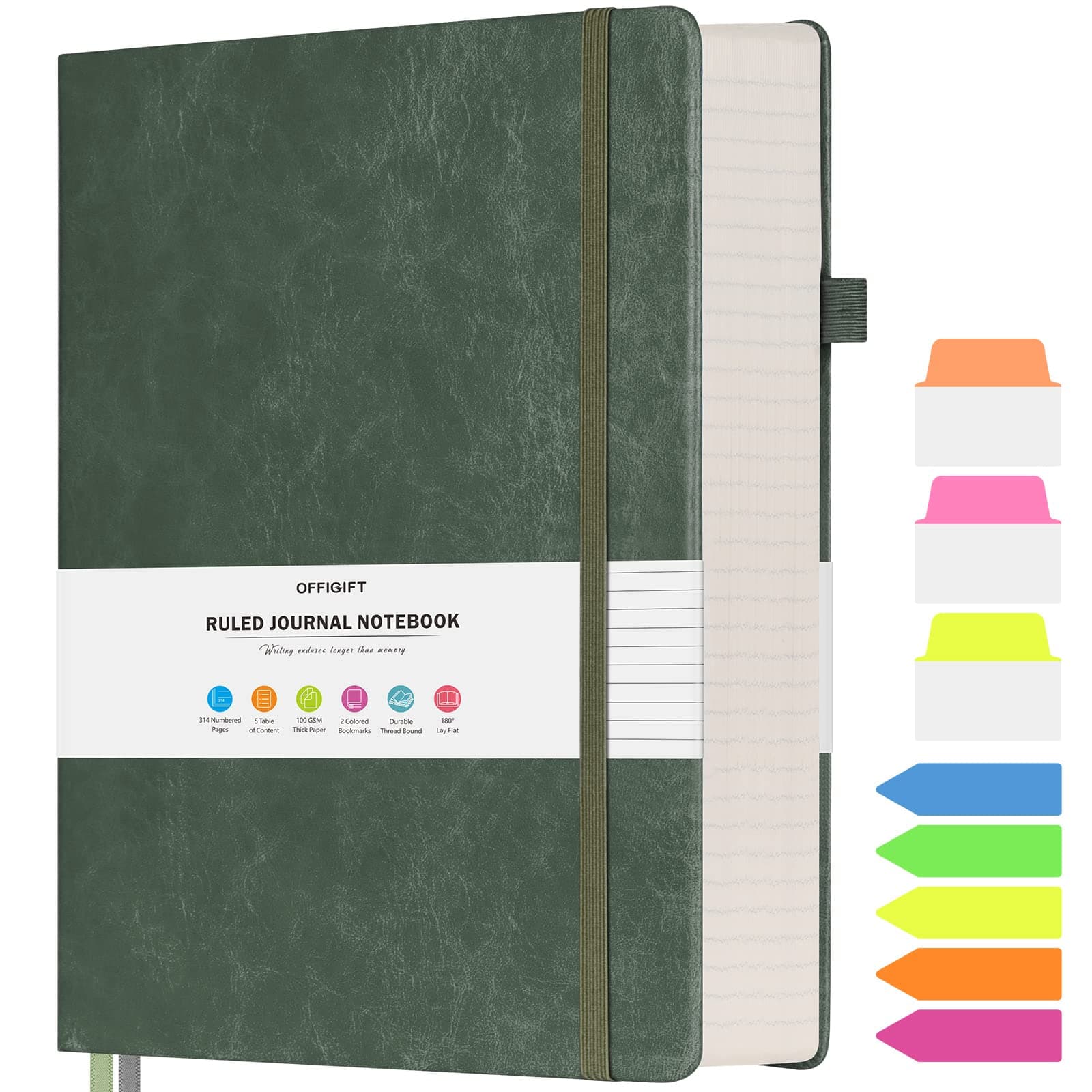College Ruled Notebook, Large B5 Lined Journal Notebook, 314 Numbered Pages Work Notebook with Index Stickers, 100gsm Thick Paper, Hardcover Vegan Leather Journal for Women Men School Office, Green