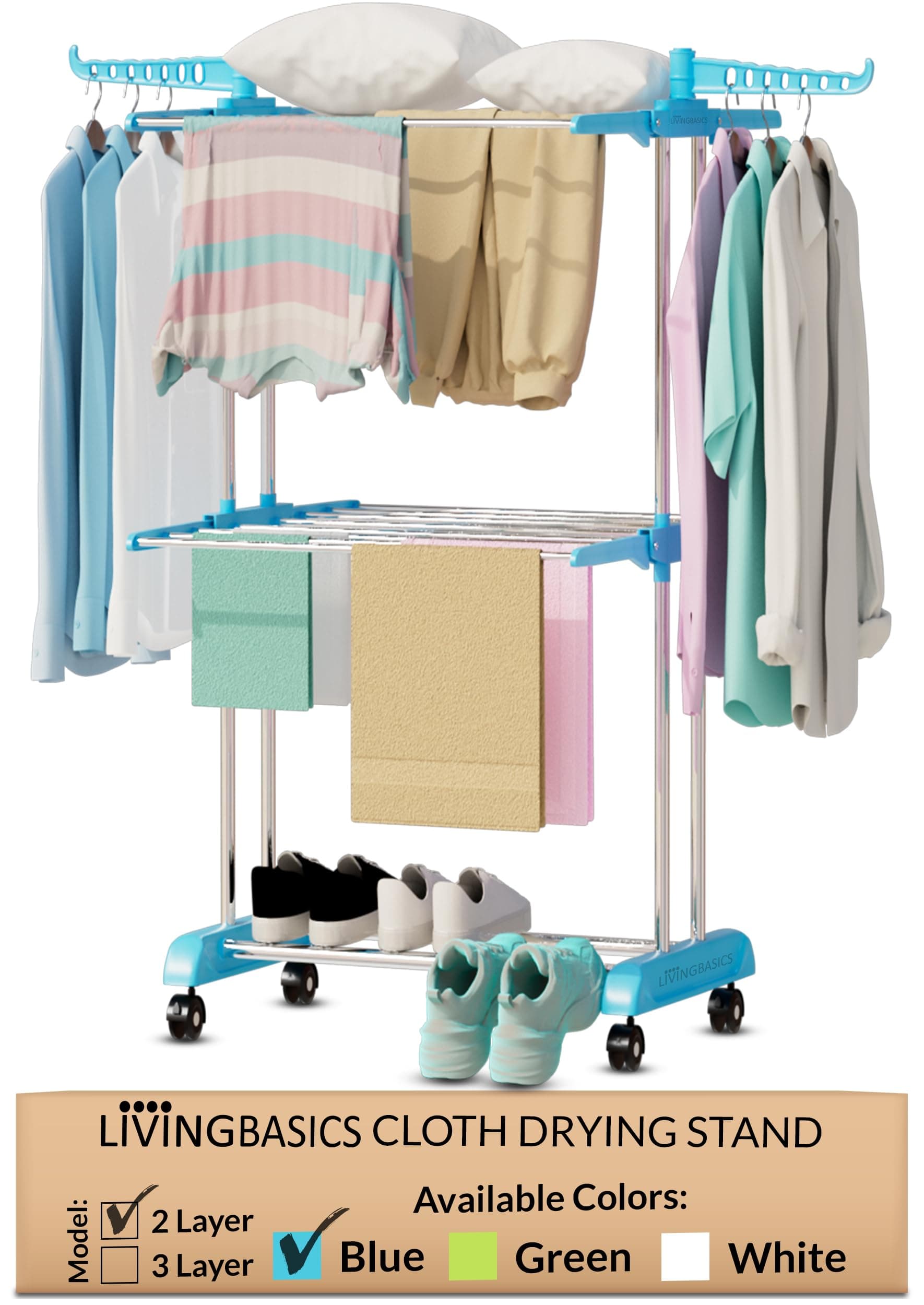 LIVINGBASICS 2 Layer Finest Clothes Stand for Drying/Cloth Drying Stand/Cloth Stand for Drying Clothes Foldable/Cloth Drying Stand for Balcony/Stainless Steel Hanging Dress Dryer Rack (Cyan Blue)