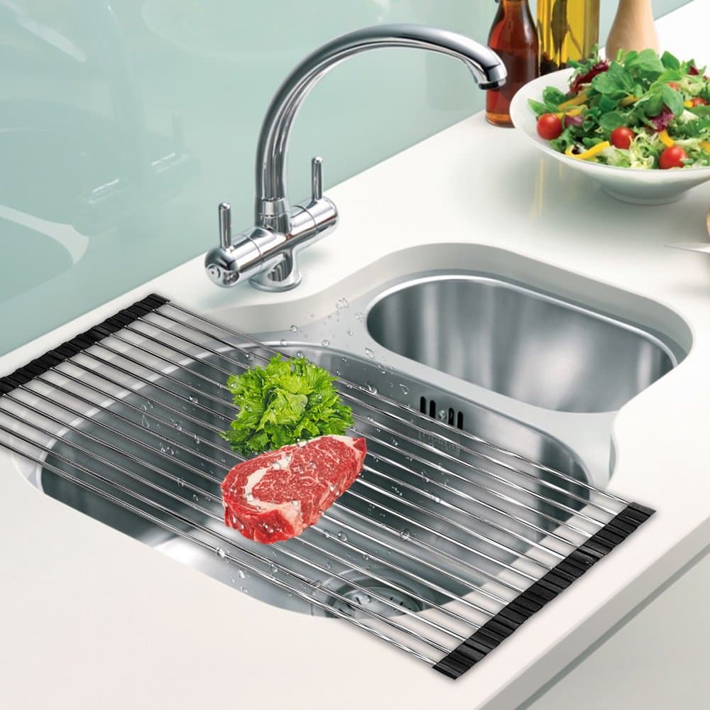 DDMY Over The Sink Dish Rack Roll-Up Dish Drying Rack Multipurpose Dish Drainer Collapsible Kitchen Sink Rack (17.8"(L))