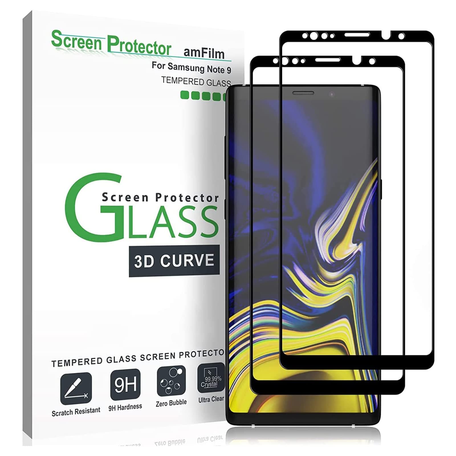 (2 Pack) Glass Screen Protector for Samsung Galaxy Note 9, Full Screen Coverage Screen Protector, 3D Curved Tempered Glass, Dot Matrix with Easy Installation Tray (Black)