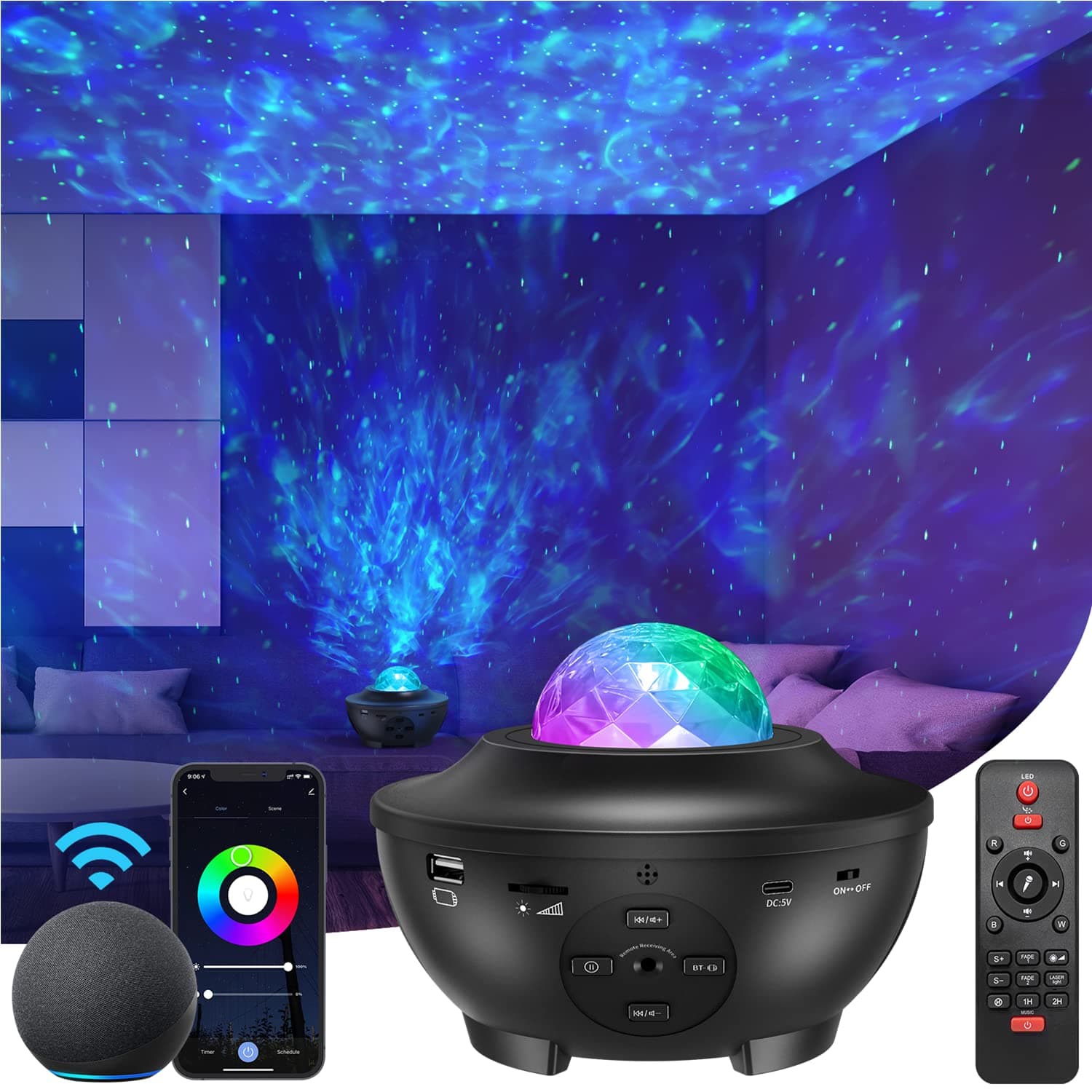 Galaxy Projector Star Projector with Bluetooth/Music Speaker/Voice Control/Timer,Work with Alexa & Google Assistant,Starry Night Light Projector for Kids Adult Bedroom/Christmas Decoration/Ideal Gift