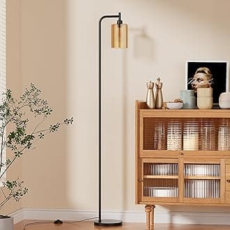 Floor Lamps for Living Room - Standing Lamp with Amber Glass Shade, Modern Floor Lamp with LED Bulbs, Industrial Floor Lamp for Bedroom, Black Tall Lamp for Office(Light Bulb Included)