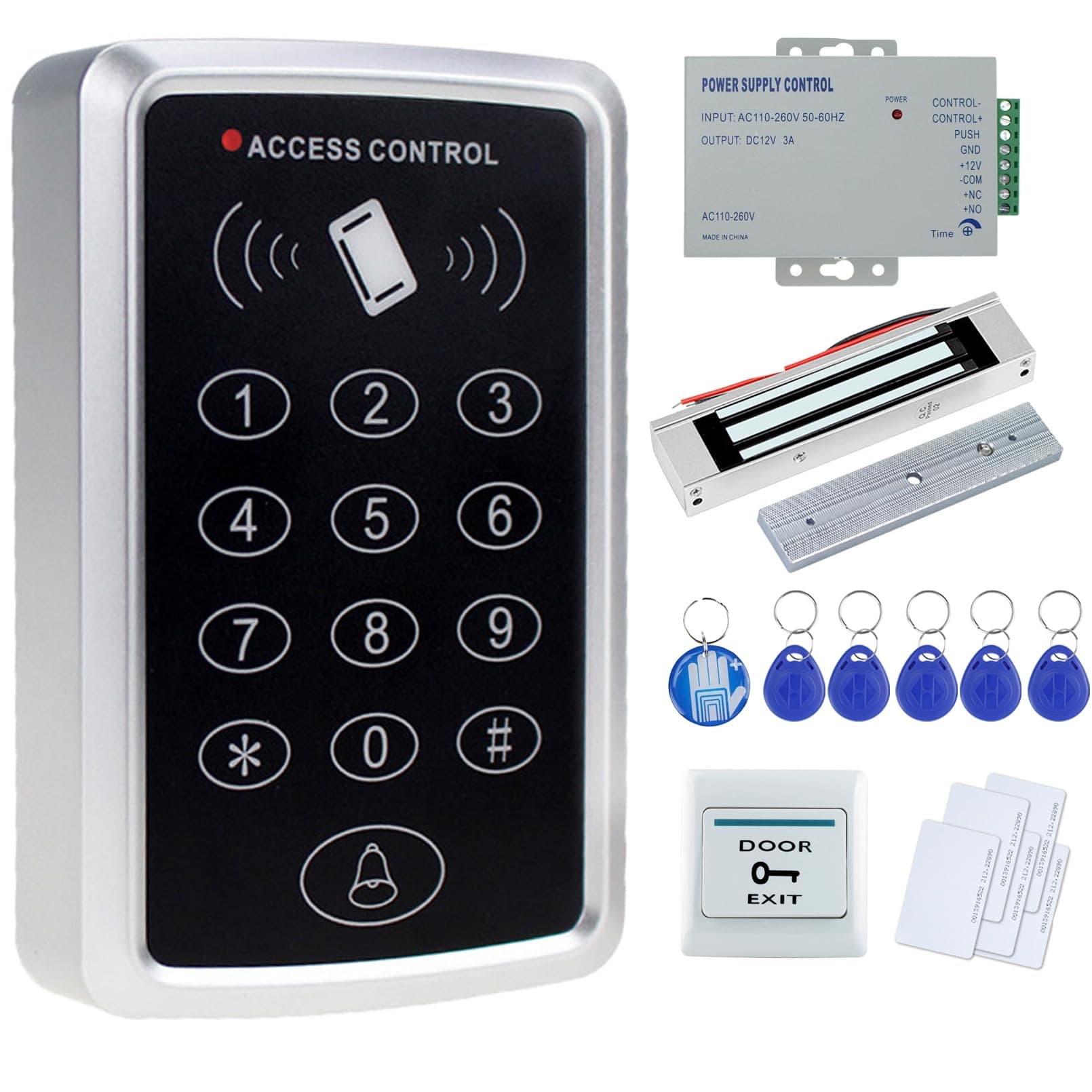 Full Complete Kit for Door Access Control System T11 Card reader+180KG Magnetic Lock+Power Supply+Exit Button+10pcs ID Key Cards