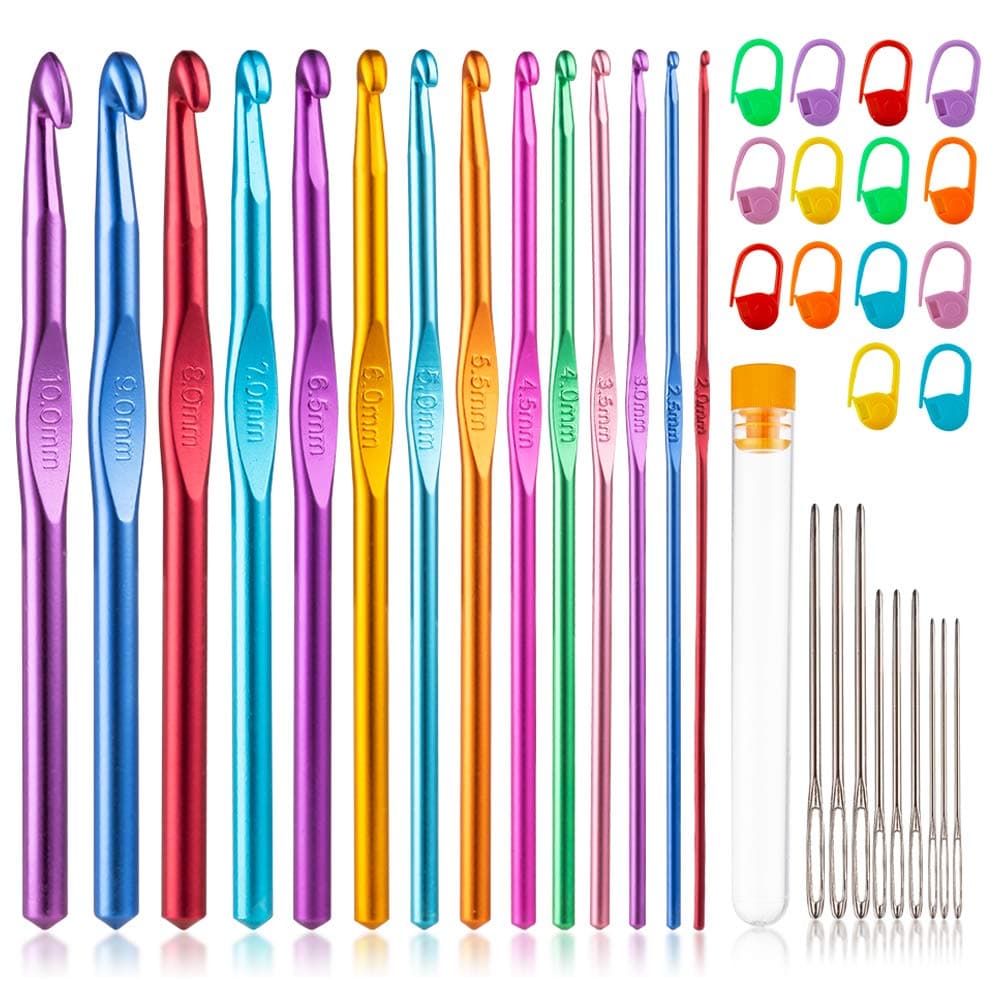 Crochet Hooks Set, 37 PC Colored Aluminum, Ergonomic Handle, with Stitch Markers and Large-Eye Blunt Needles, Sizes 2.0mm-10.0mm