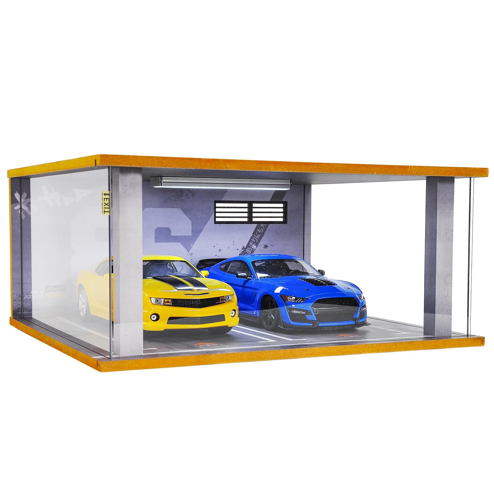 1/18 Scale Display Case Car Garage Moldel with LED Light and Acrylic Cover Wooden Diecast Car Show Case 2 Parking Spaces Grey