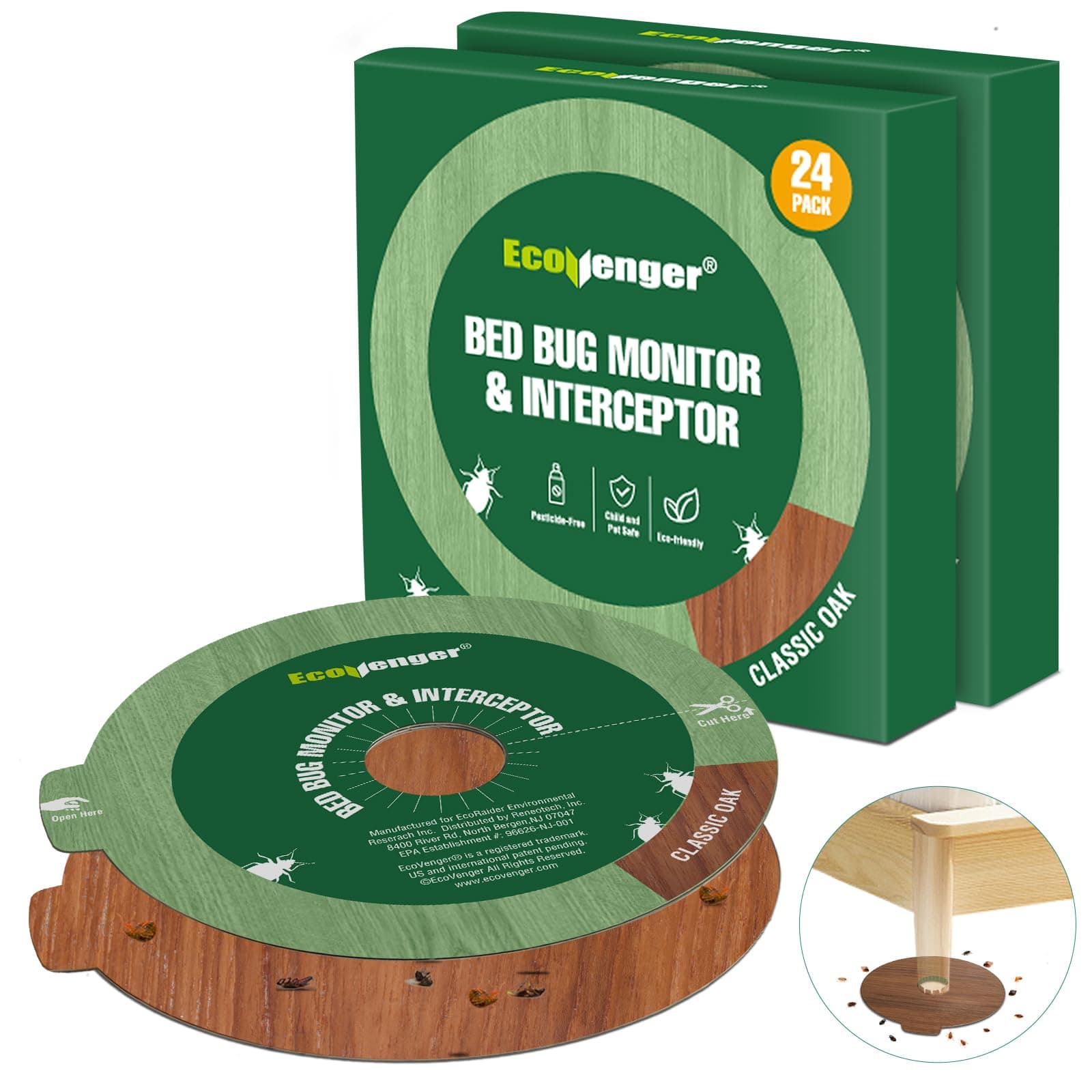 Bed Bug Traps & Killer 48 Ct, Super Glue Bed Bug Monitors and Interceptors, Blocks Bed Bugs' Access to Beds/Futon/Couch, Discreet Classic Oak Design for Hard Floors, Easy to Peel & Use