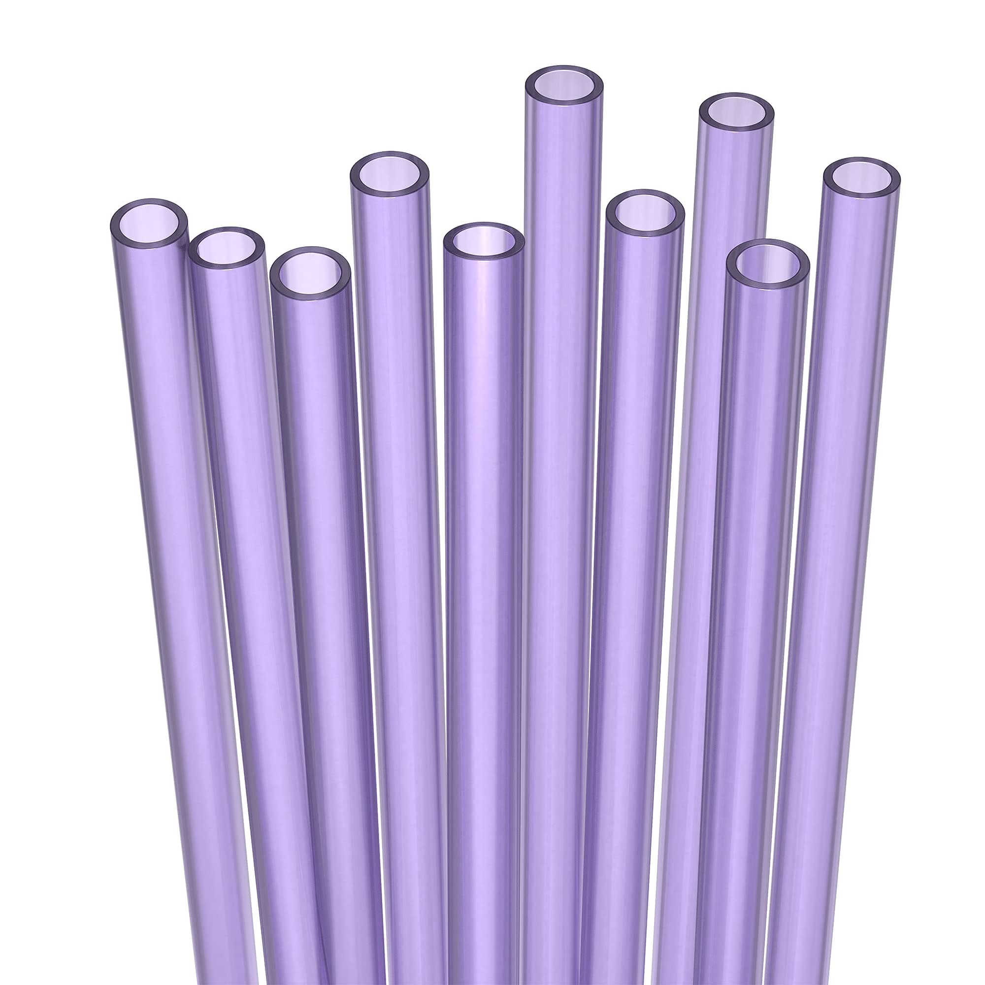 10 Long Reusable Hard Purple Plastic Drinking Straws, Medium Width + Sturdy Cleaning Brush - for Tumblers, Mason Jars, Milshakes and Smoothies - Dishwasher Safe BPA Free