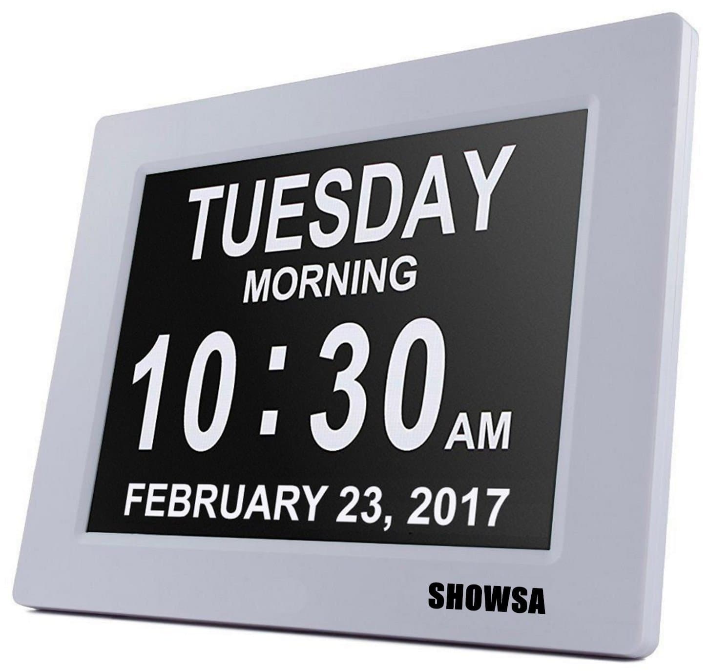 New Upgrade Day Clock, Metal Shell Digital Clock, 5 Daily Alarms & 3 Medicine Reminder Digital Calendar Alarm Clock Elderly Extra Large, Reminder for Impaired Vision & Dementia Alzheimer's (White)