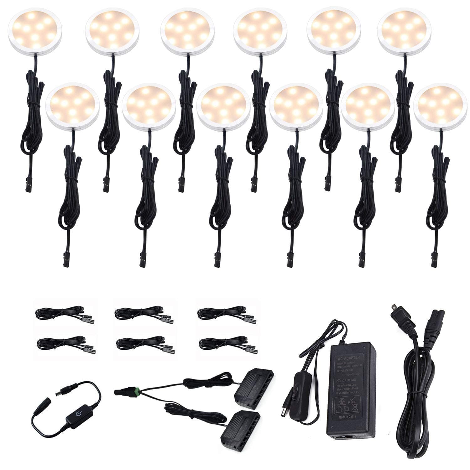 LED Under Cabinet Lighting, 12V Under Counter Lights, Touch Dimming Puck Lights, Hardwired or Plug in with UL Listed Adapter, Updated Home Light, Accent Lights 24W (12 Lights Warm White)