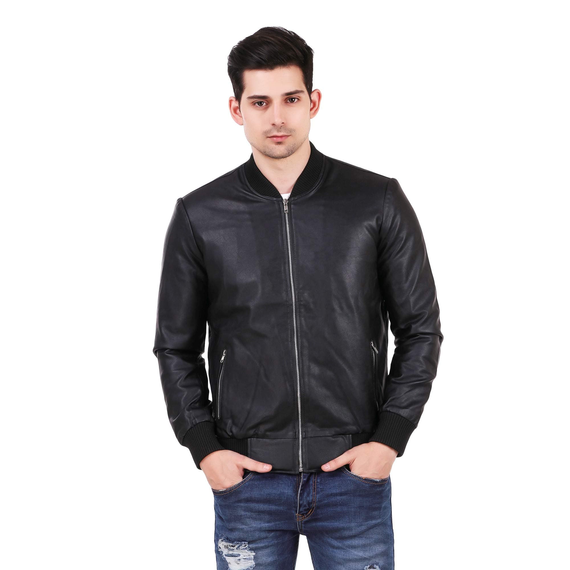 Leather RetailBlack Plain Faux Leather Jacket For Man