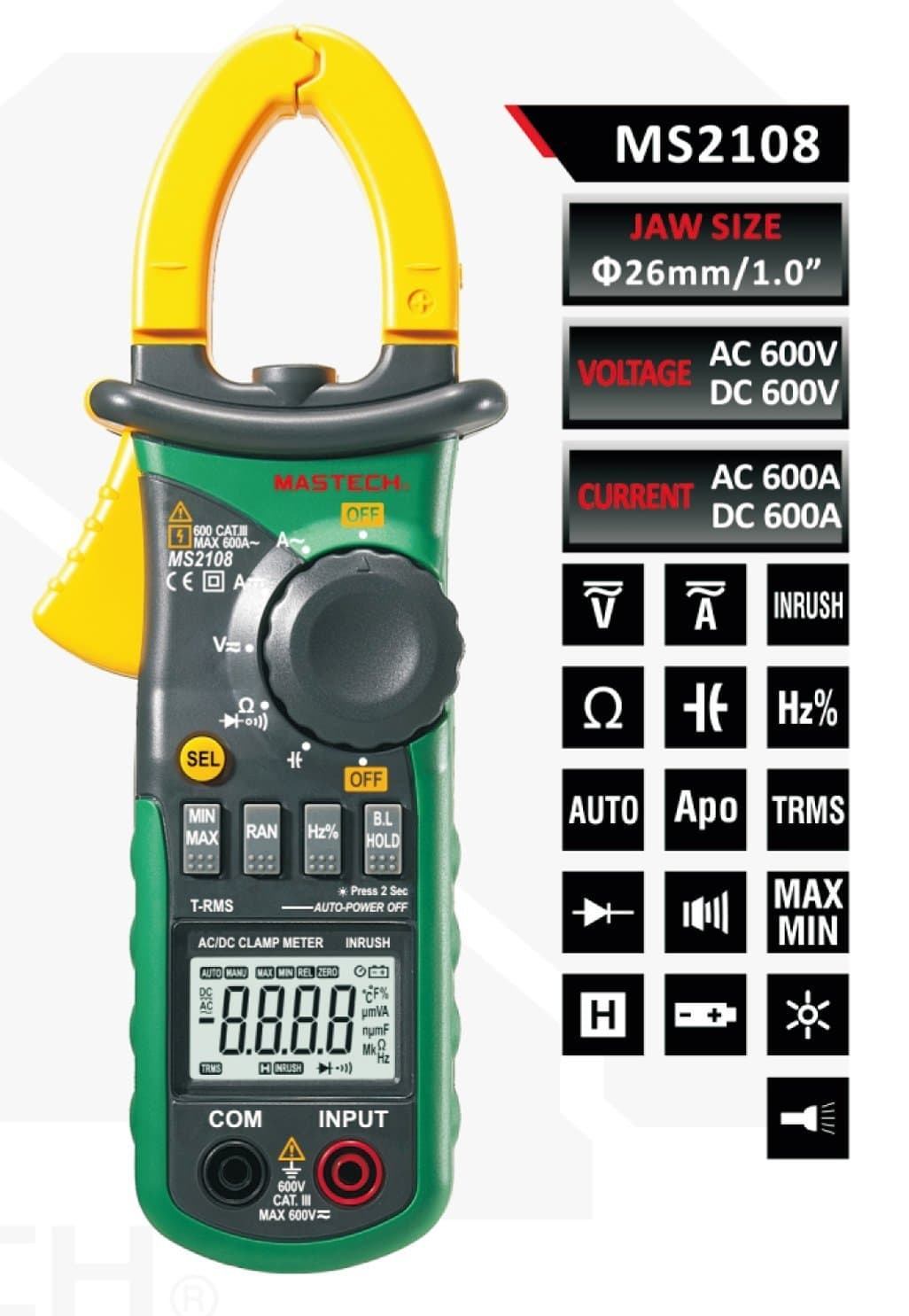 California Sugar MS2108A Auto Range Voltmeter Multi Meter MultiTester Digital Multi Clamp Meter - 4000 counts for AC/DC Voltage/Current Tester