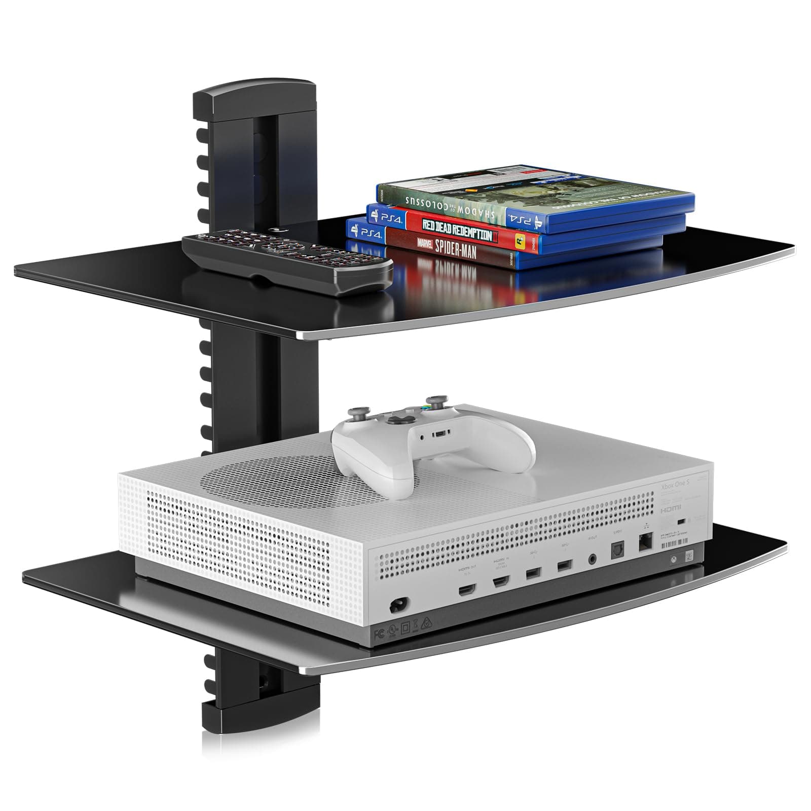 suptek Speaker Mount, Floating Glass Shelf Wall Mount Bracket for DVD Players/Cable Boxes/Games Consoles/TV Accessories, 2 Shelves, Black CS202
