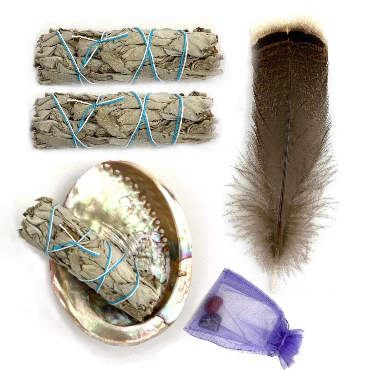 Smudge Kit Essentials - Abalone Shell, Sage, Palo Santo, Feather, Chakra Palace Instructions for Spiritual Healing and Meditation