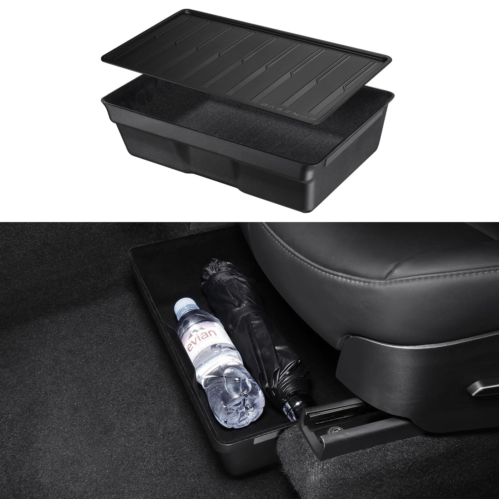 BASENOR Tesla Model Y Under Seat Storage Box, Waterproof Hidden Storage Underseat Organizer with Lid Cover Tray for 2020-2024 Model Y Accessories