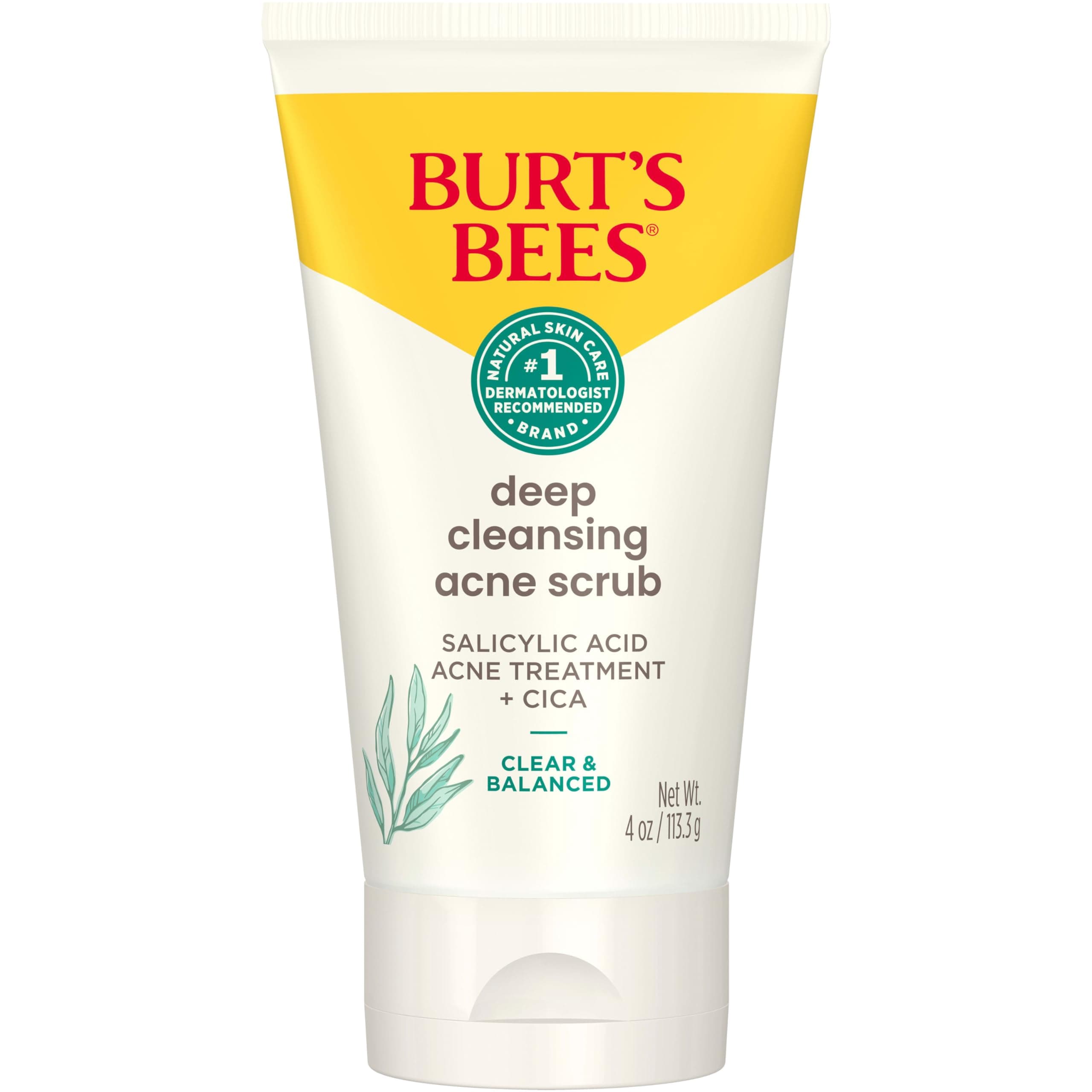 Burt’s Bees Back To School Dorm Essentials, Clear and Balanced Deep Cleansing Acne Scrub, Salicylic Acid Acne Treatment with Cica, Facial Cream Exfoliator Helps Unclog Pores and Reduce Acne, 4 Oz