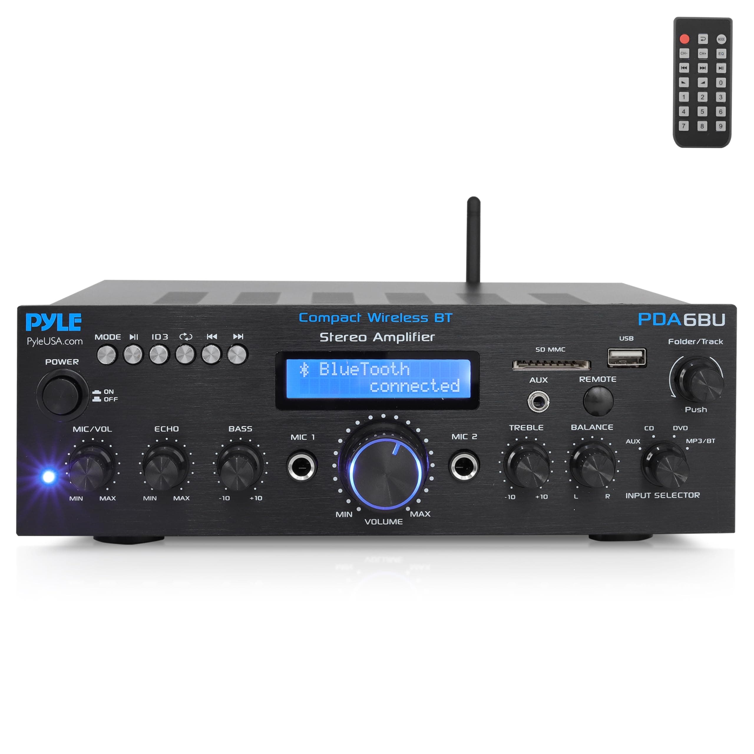 Pyle Wireless Bluetooth Power Amplifier System- 200W Dual Channel Sound Audio Stereo Receiver w/ USB, SD, AUX, MIC in w/ Echo, Radio, LCD, for Home Theater Entertainment via RCA, Studio Use- PDA6BU.7