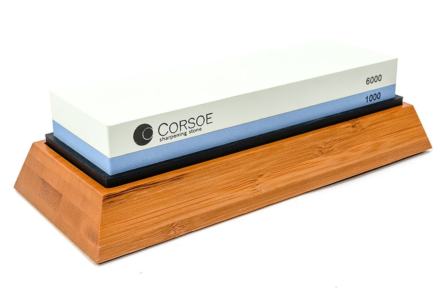 Corsoe Best Two-sided Knife Sharpening Stone 1000 Grit / 6000 Grit with Non-slip Bamboo Base/Professional Knife Sharpener with Holder/Popular Whetstone Knife Sharpener/Aluminum Oxide