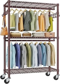 VIPEK R2 Plus Rolling Clothes Rack for Hanging Clothes Heavy Duty Clothing Rack 3 Tiers Adjustable Metal Wire Shelving Garment Racks with Side Hooks, Closet Organizers and Storage Wardrobe, Bronze