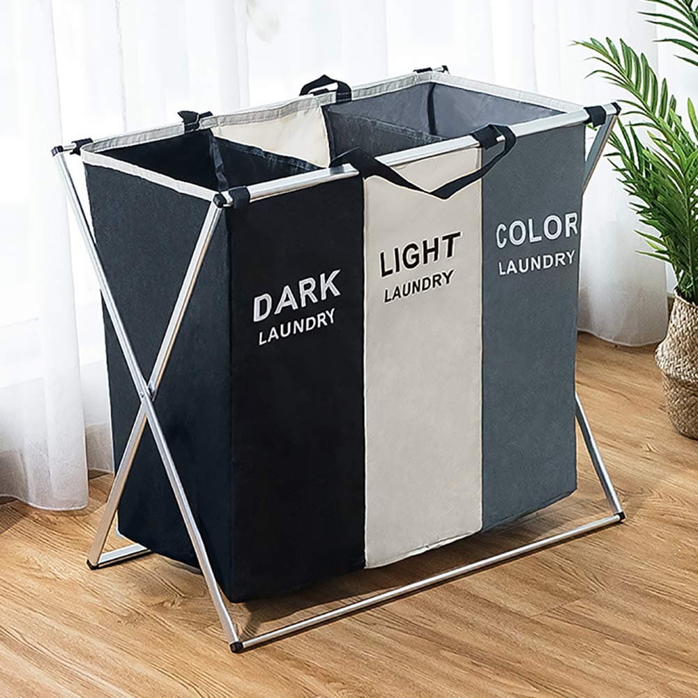 Harddo 1/2/3 Grid Foldable Dirty Laundry Basket Organiser Foldable Home Washing Basket Waterproof Laundry Basket Large, Black + White + Gray, Three Grid