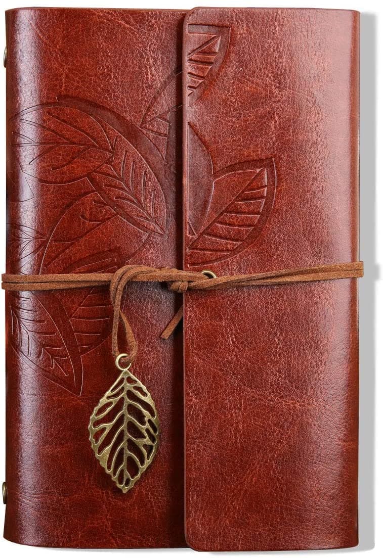 Leather Leaf Print Writing Notebook, Handmade Vintage Notebook Journal for Men & Women Art Sketchbook Travel Diary (Light Brown)