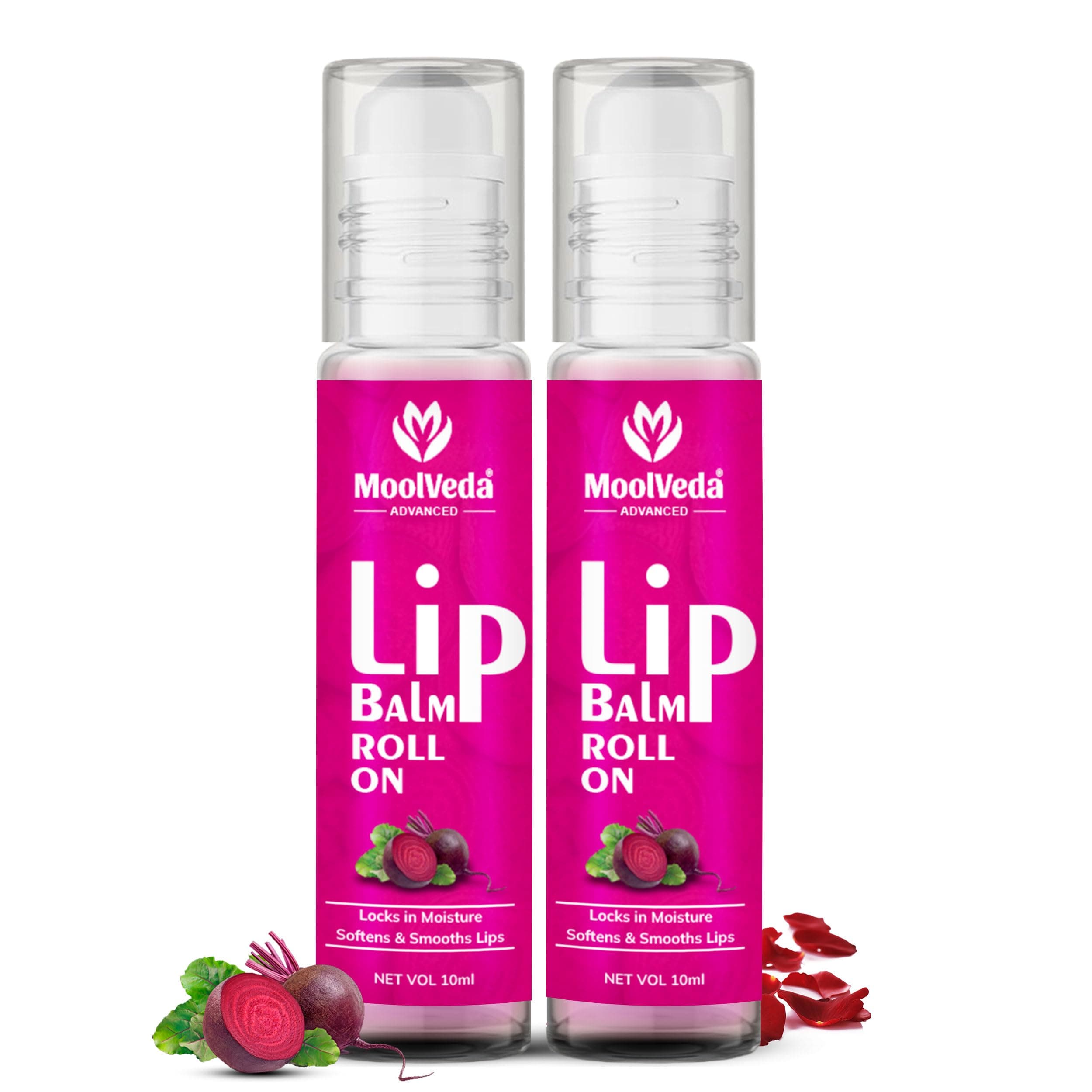 Moolveda Lip Balm Roll on with beetroot rose & edible ingredients & no chemicals, Pack of 2, 10ml Pink