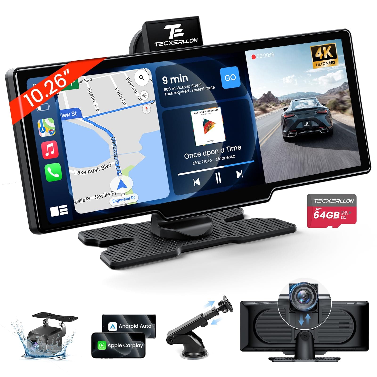 10.26'' Wireless Carplay & Android Auto, Apple Car play Screen with 4K Front & 1080P Rear Camera, Car Tablet Pro Max Touchscreen, 64G with GPS Navigation, Airplay, Mirror Link