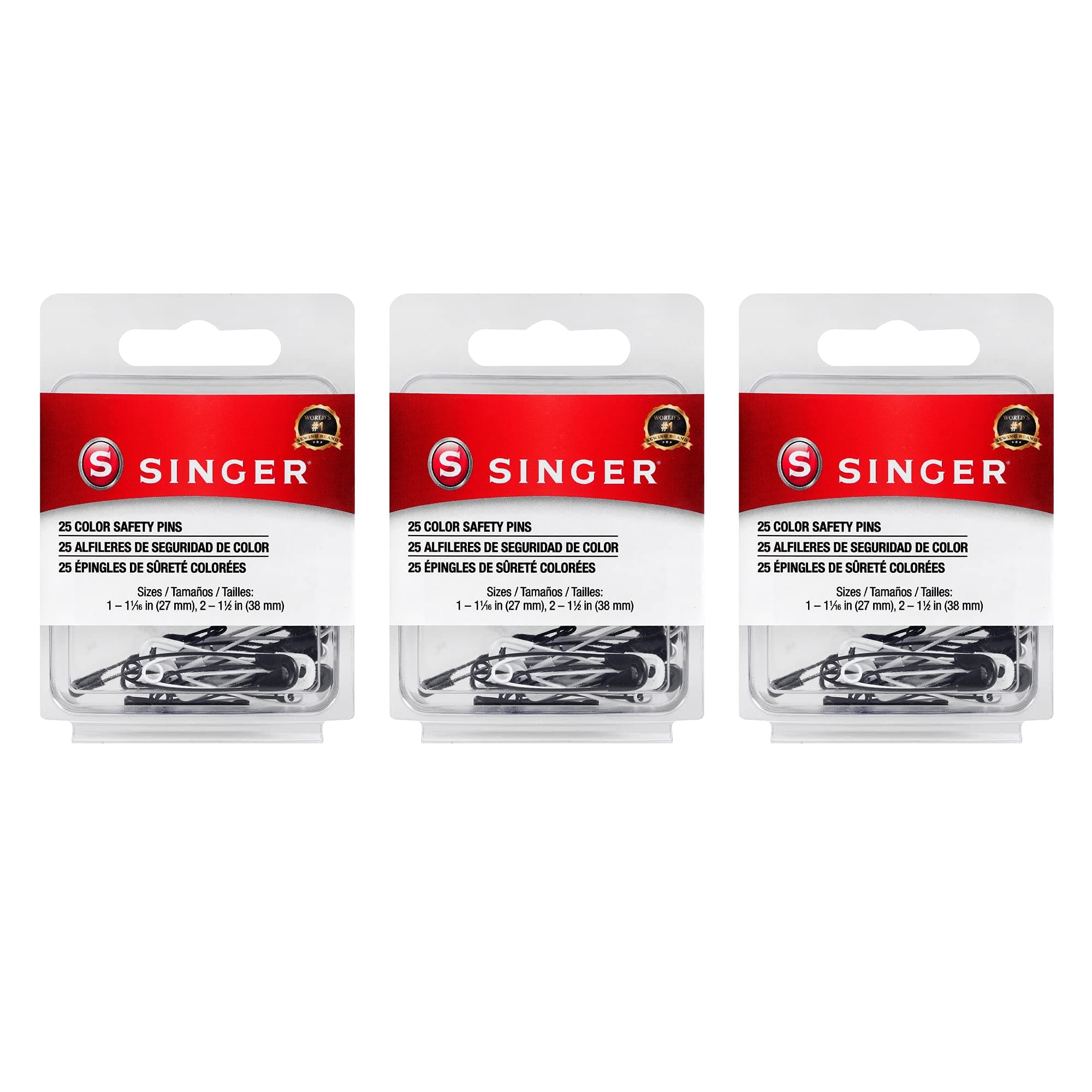 SINGER Black and White Safety Pins, Assorted Sizes, 3-Pack