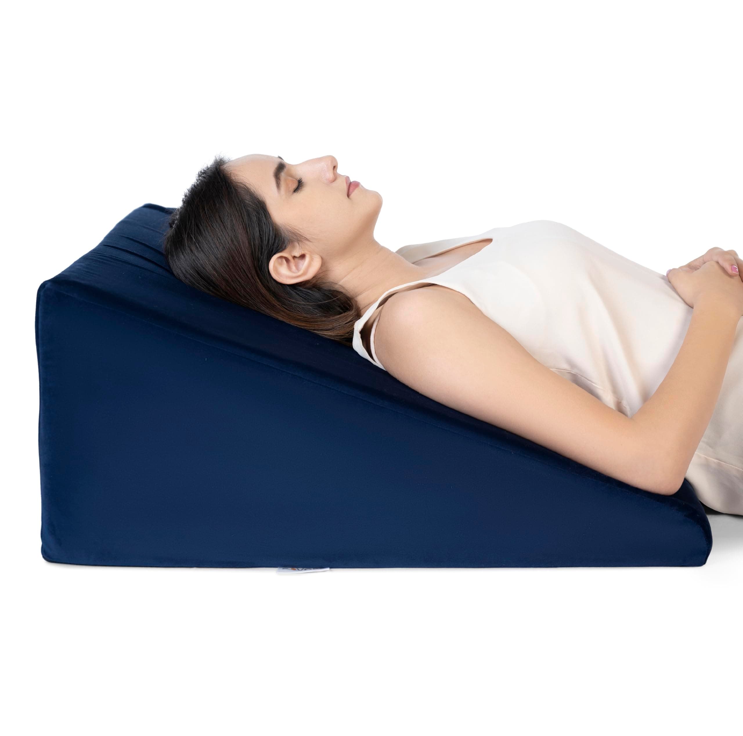 FOVERA Bed Wedge Pillow with Memory Foam, Back Support Cushion for Acid Reflux, GERD, Snoring, Post Surgery, Pregnancy (Velvet Navy Blue, Large - 26 x 24 x 11 Inch)
