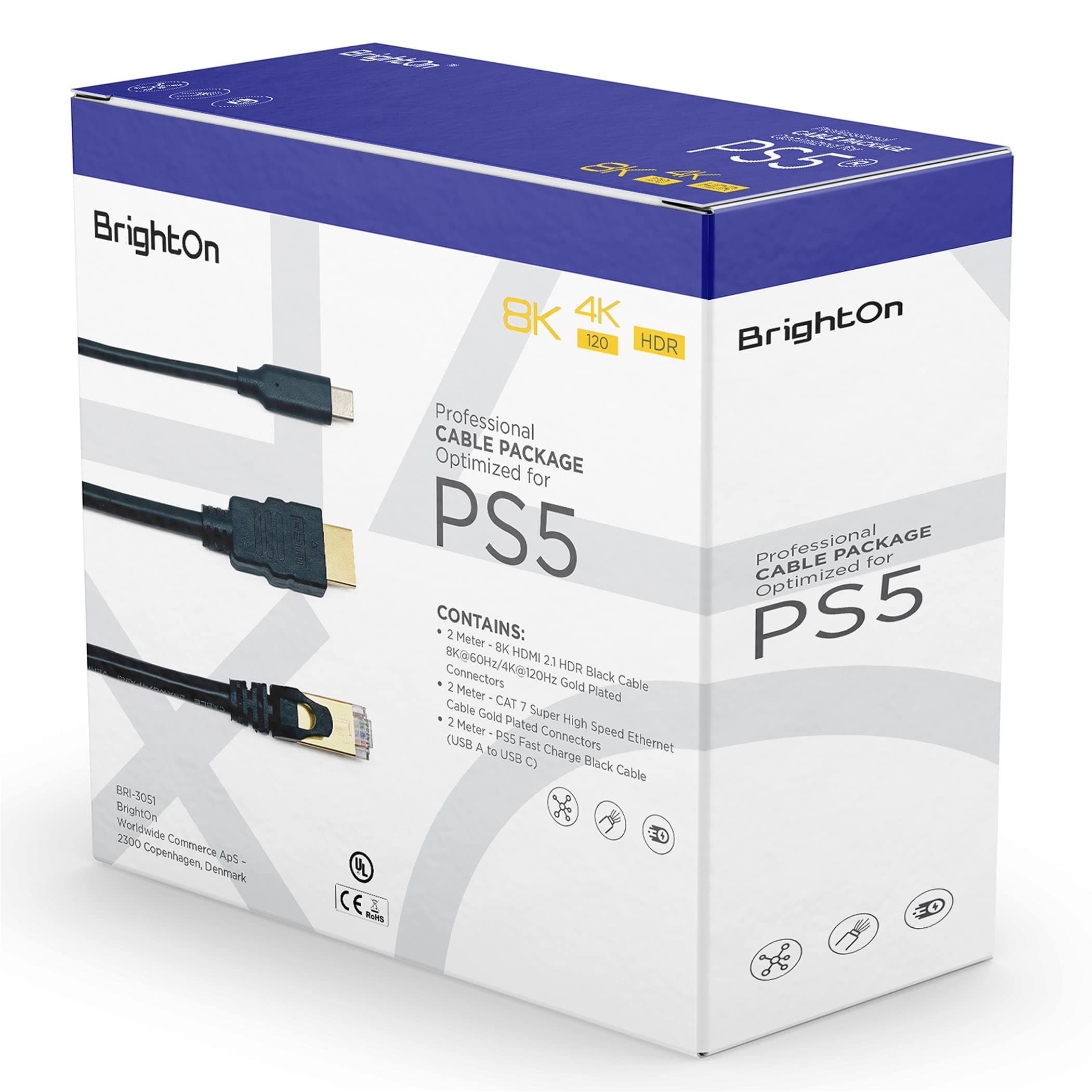 BrightOn - Optimized Set Compatible with PS5 | 8K HDMI 2.1 HDR 8K@60Hz/4K@120Hz Gold Plated | CAT 7 Super High Speed Gold Plated | Fast Charge Cable (PS5)