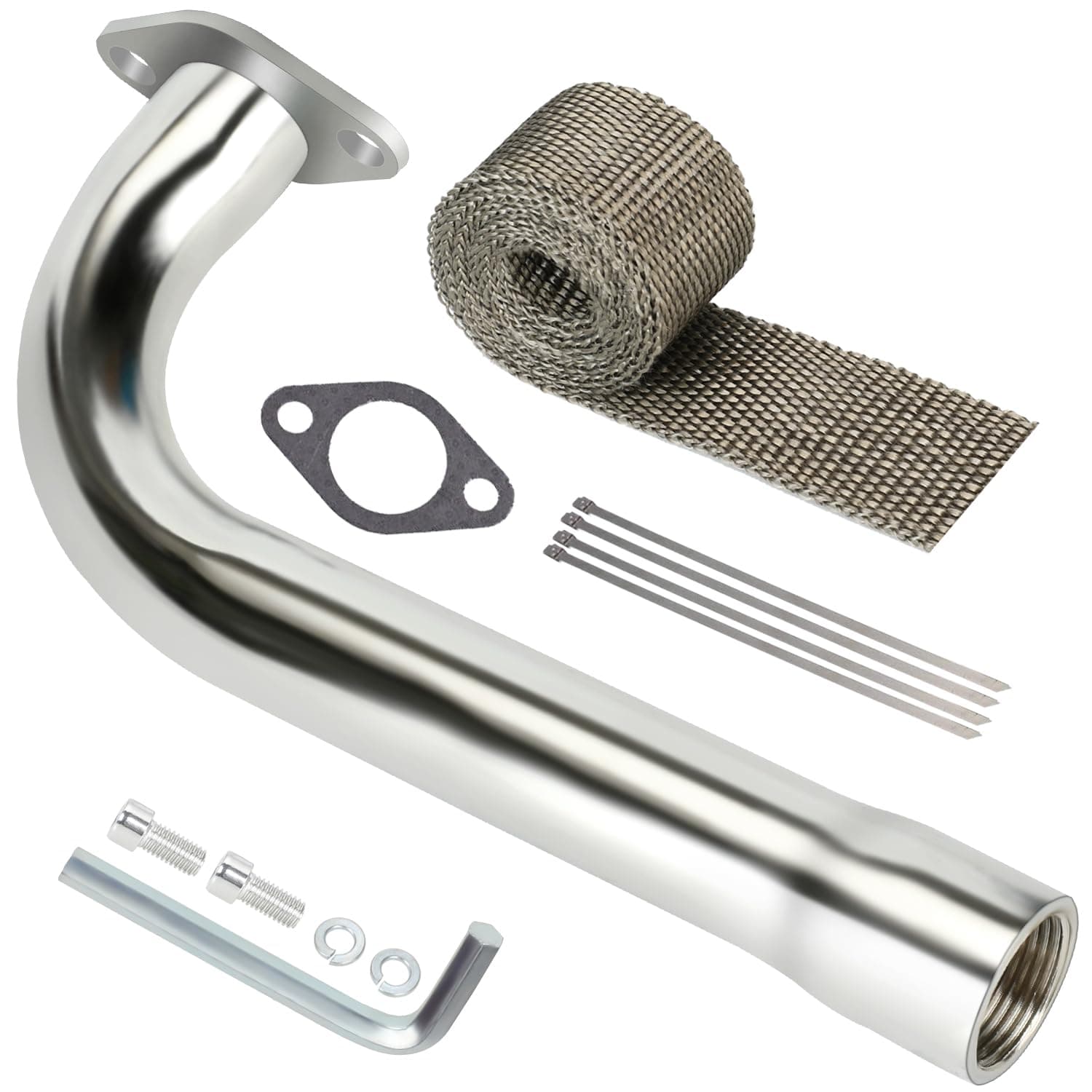 YOXUFA Exhaust Header Pipe Replacement for Predator 420 301cc 8hp GX240 270 390 Mini Bike Go Kart Golf Cart Mud Boats Lawnmower OHV Clone with Heat Shield Tape Parts Silver