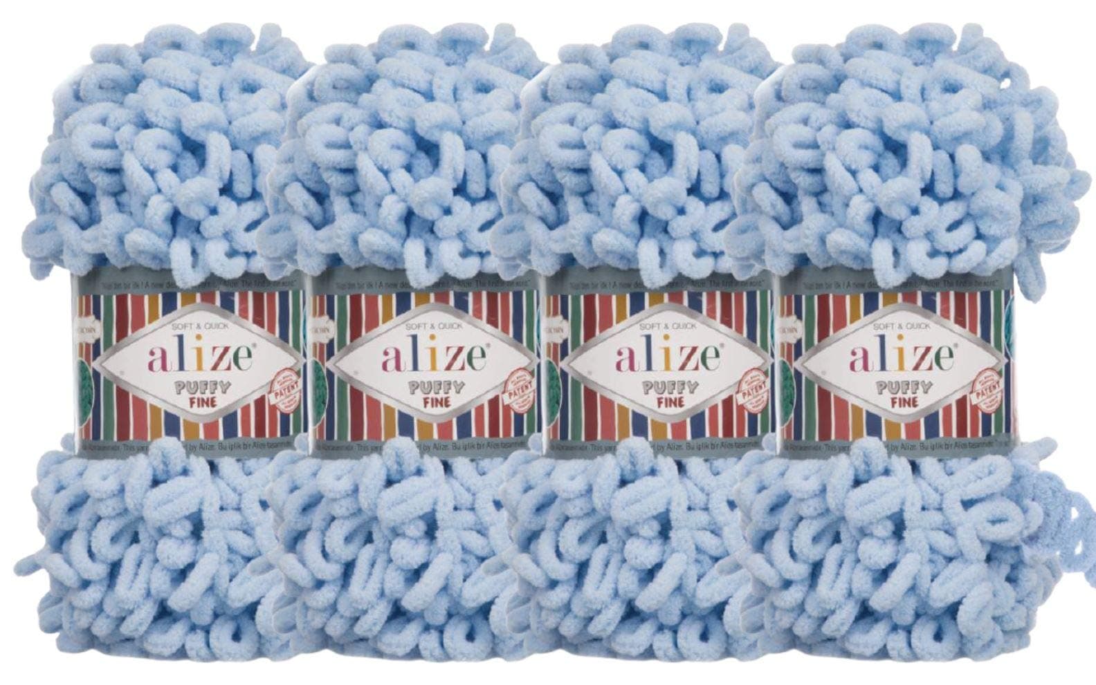 Alize Puffy Fine Baby Blanket Small Loop 100% Micropolyester Soft Yarn Lot of 4skn 400gr 64yds (218 - Baby Blue)