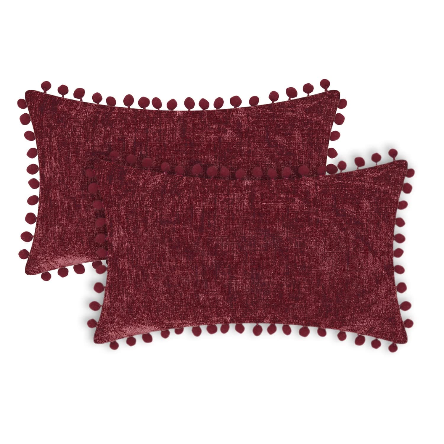 CaliTime Pillow Cases Pack of 2 Cozy Solid Dyed Soft Chenille Cushion Covers with Pom Poms for Couch Sofa Home Decoration 30cm x 50cm Burgundy