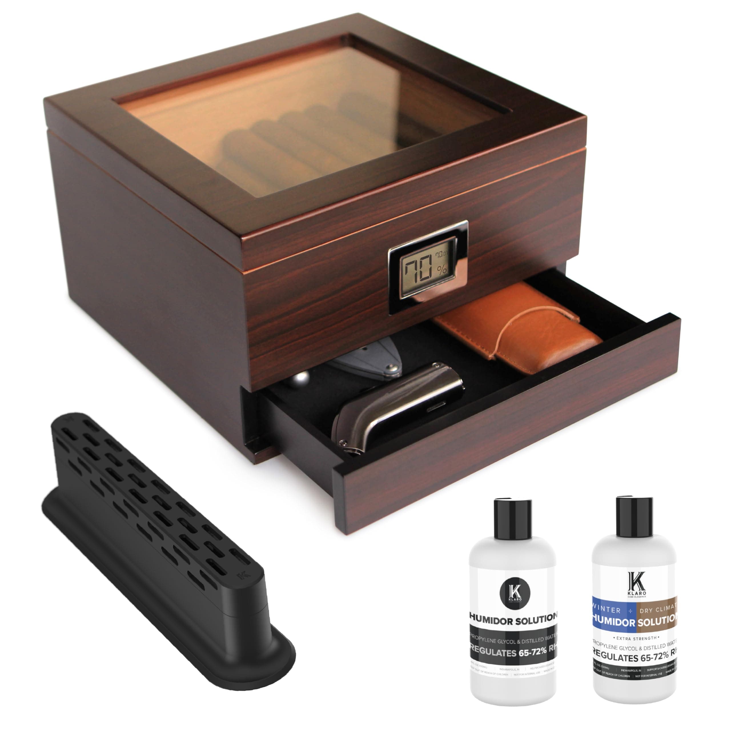 Glass Top Cigar Humidor with Thick Cedar, Easy humidification System, Accurate Digital Hygrometer - Renzo, Brown
