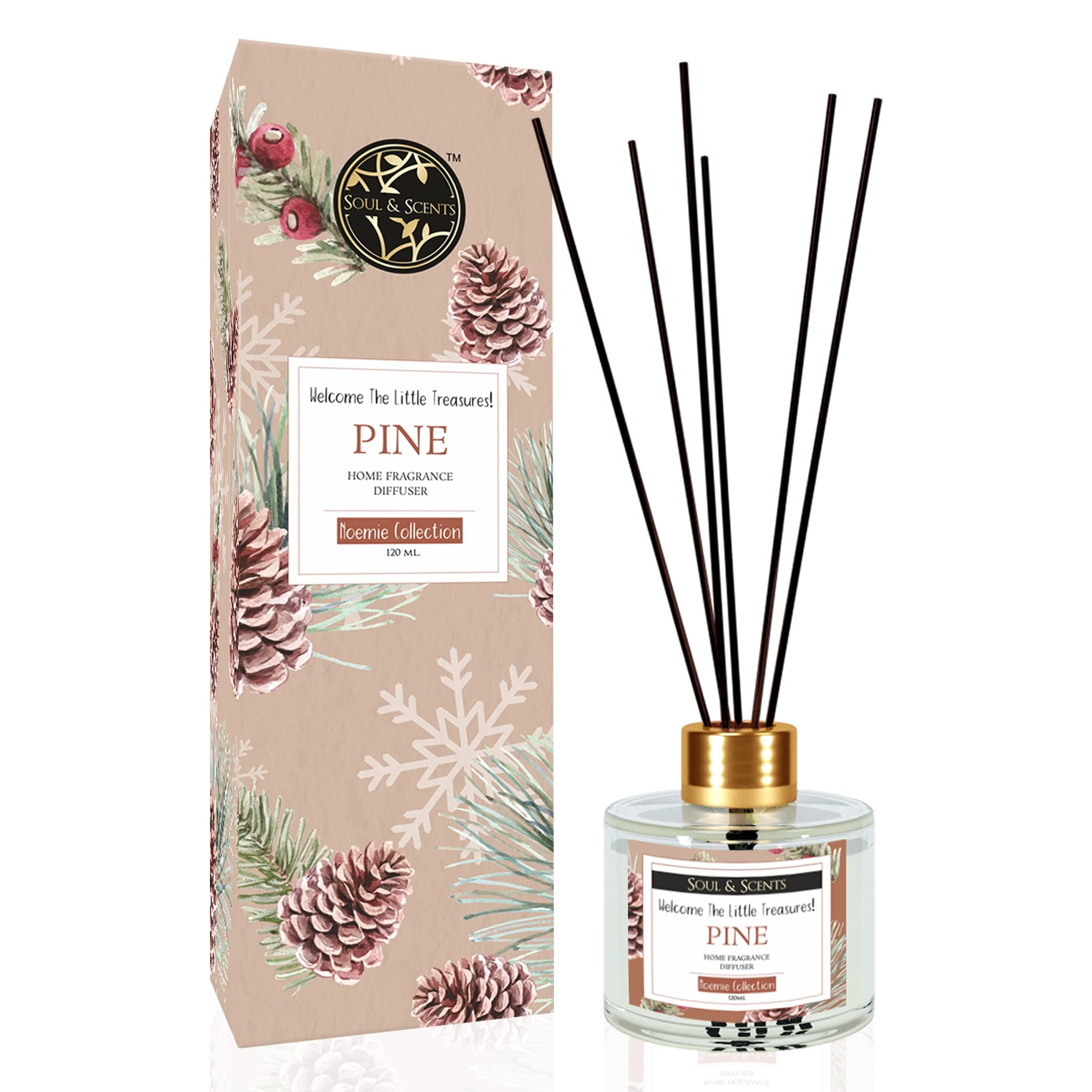 Soul & Scents 120ml Pine Reed Diffuser Set | Free 6 Fiber Reed Sticks | Stress Relief & Aromatherapy | Long-Lasting, Smoke-Free Air Freshener for Home, Bedroom & Office | Ideal for Gifting
