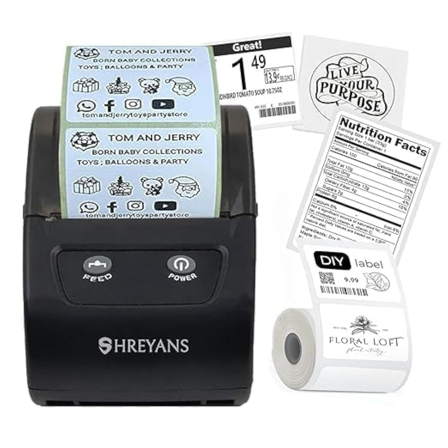 SHREYANS 58mm Mini Inkless Label Maker (2 in 1) - Thermal Barcode Labels & Receipt Printer (50x25 Label Combo) Free 500 Labels | Easy to Connect with Any Mobile Phone via Bluetooth (Android or iOS)