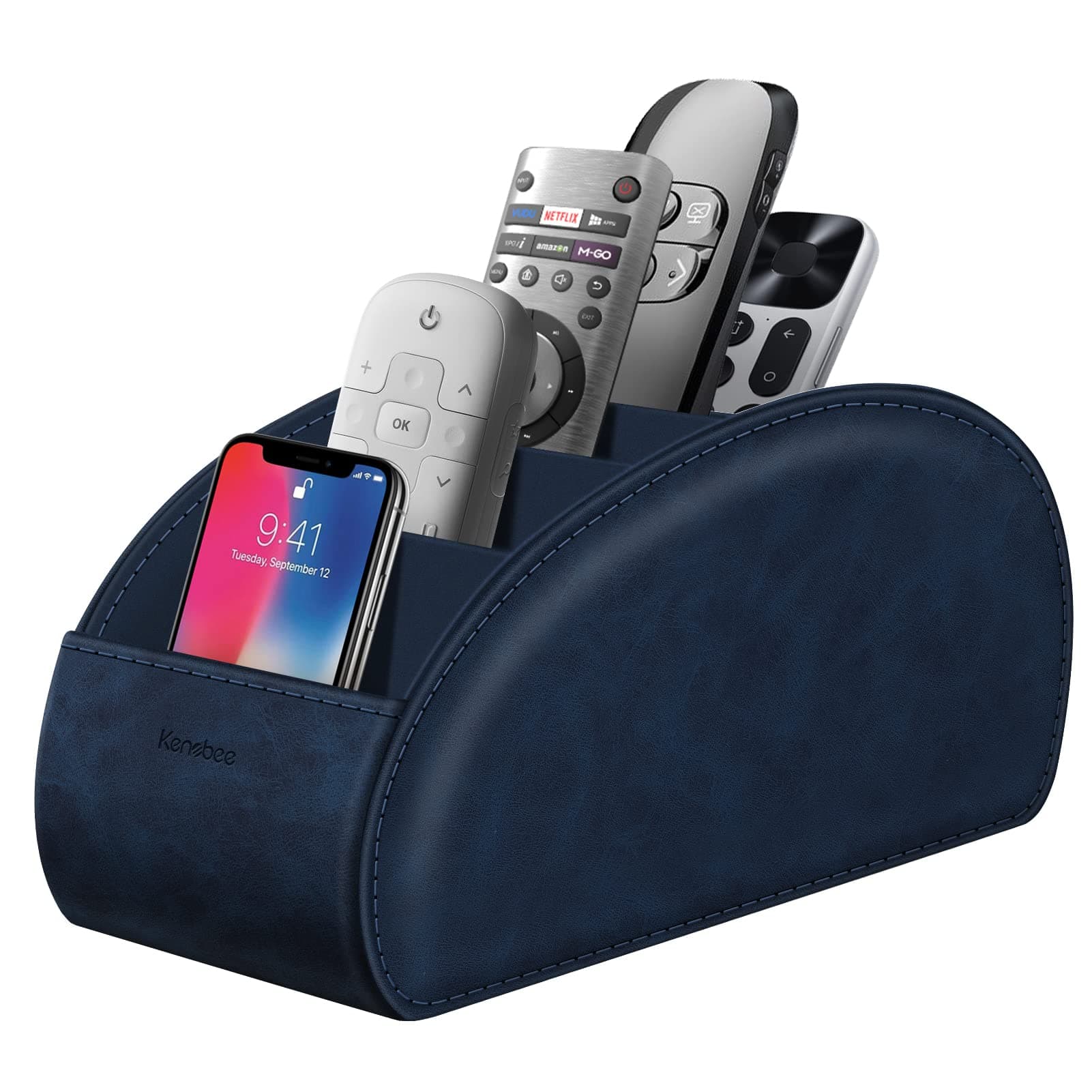 Large Remote Control Holder with 5 Compartments, KENOBEE Anti-slip Desktop Caddy Storage Organizer for Phone, Remote Controllers, Office Supplies, Makeup Brush, Media Accessories,Blue