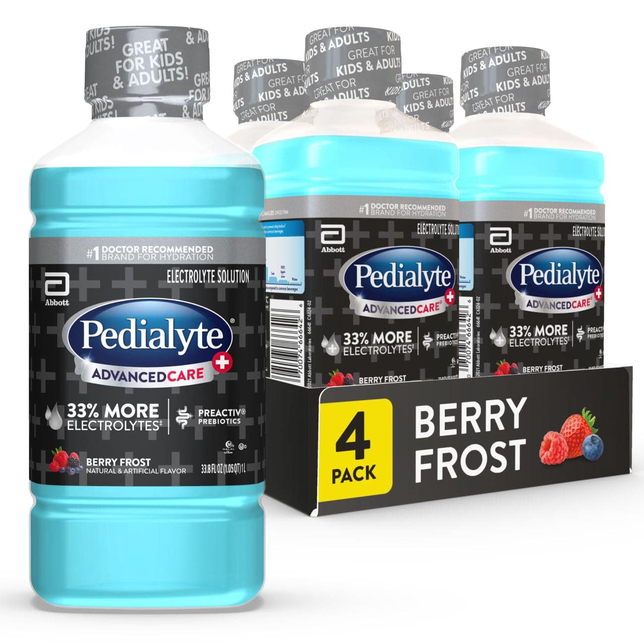 AdvancedCare Plus Electrolyte Hydration Drink, Has 33% More Electrolytes and Has PreActiv Prebiotics, Berry Frost, 1 Liter, Pack of 4