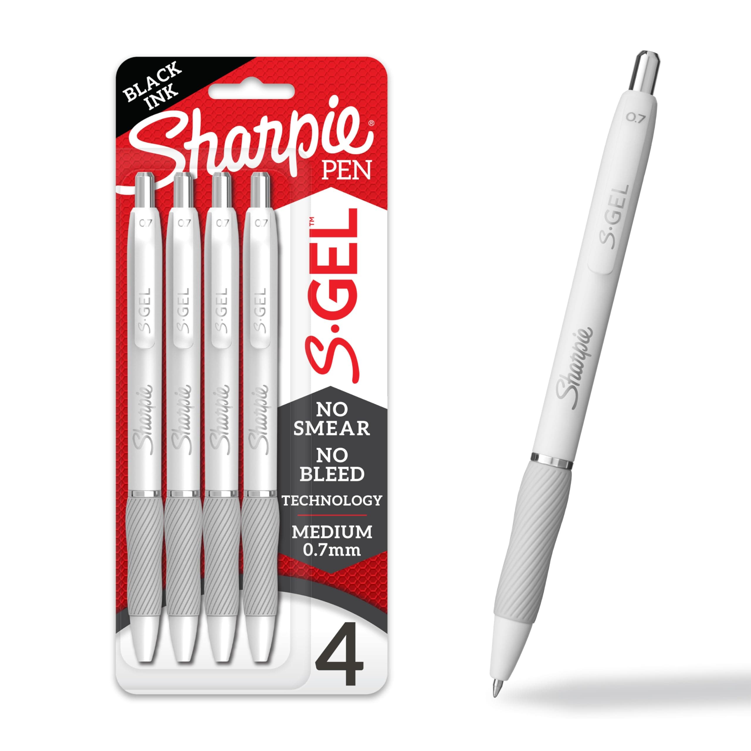Sharpie S-Gel Pens, Medium Point (0.7mm), Pearl White Body, Black Ink, 4 Count - Ideal for Writing, Journaling, Drawing, Coloring, Note-Taking, College Supplies