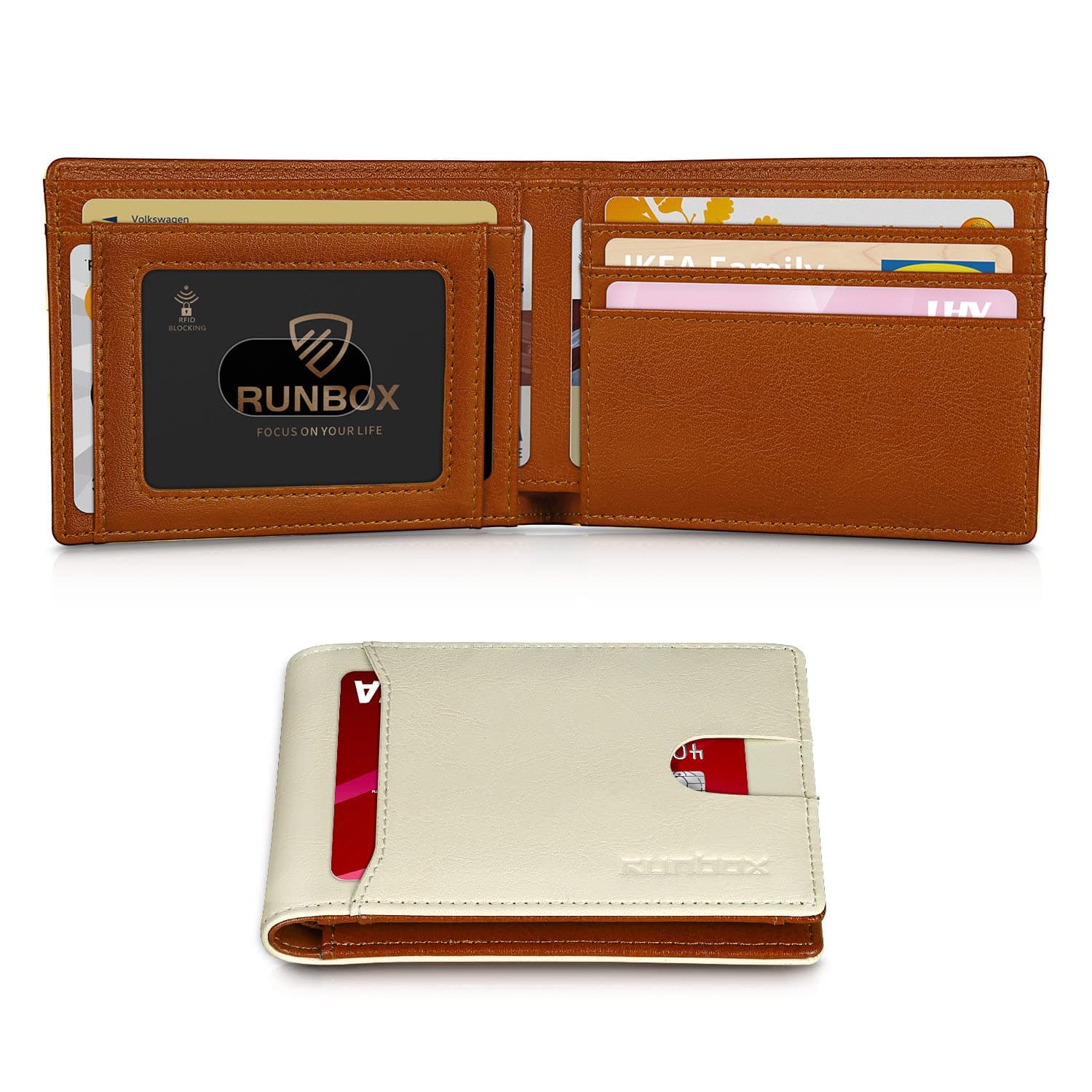 RUNBOX Slim Wallet for Men Minimalist Leather Bifold RFID Blocking with Gift Box White & Brown