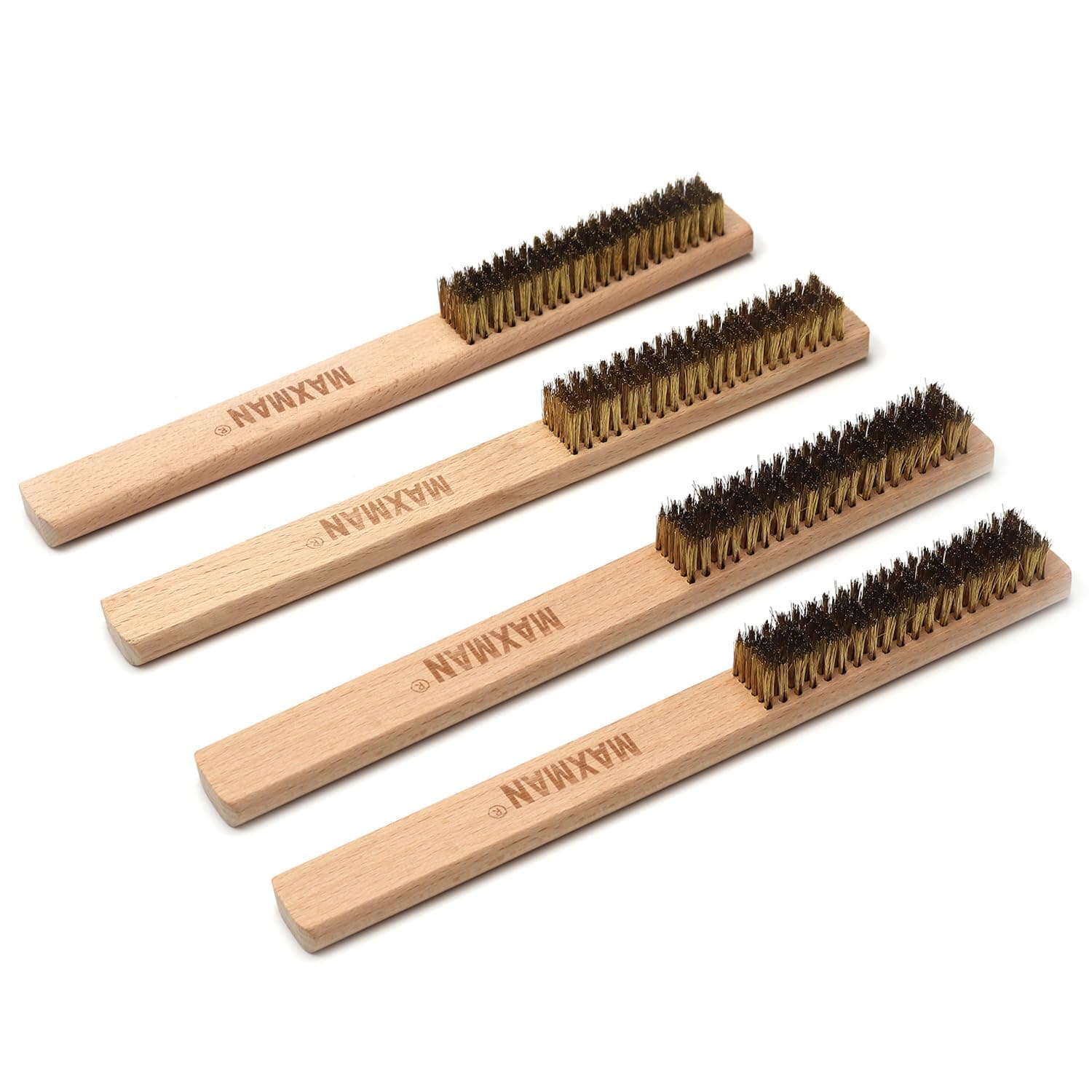 MAXMAN 4Pcs Brass Wire Brush Set, Soft Brass Bristle, 10 Inch Beechwood Handle, Metal Brush, Rust, Paint Stain, Jewelry, Grills, 3D Printer Nozzles