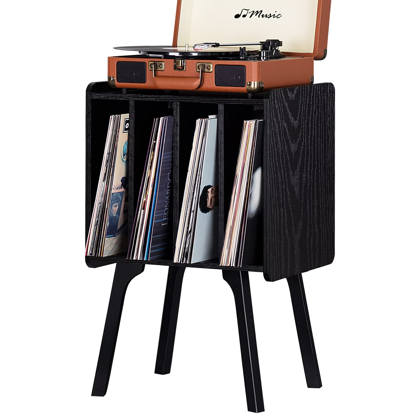 LELELINKY Small Record Player Stand - Width 11.7 in, Black Vinyl Record Storage Table with 4 Cabinet Up to 80 Albums, Vinyl Holder with Wood Legs,Turntable Stand Display Shelf for Bedroom Living Room